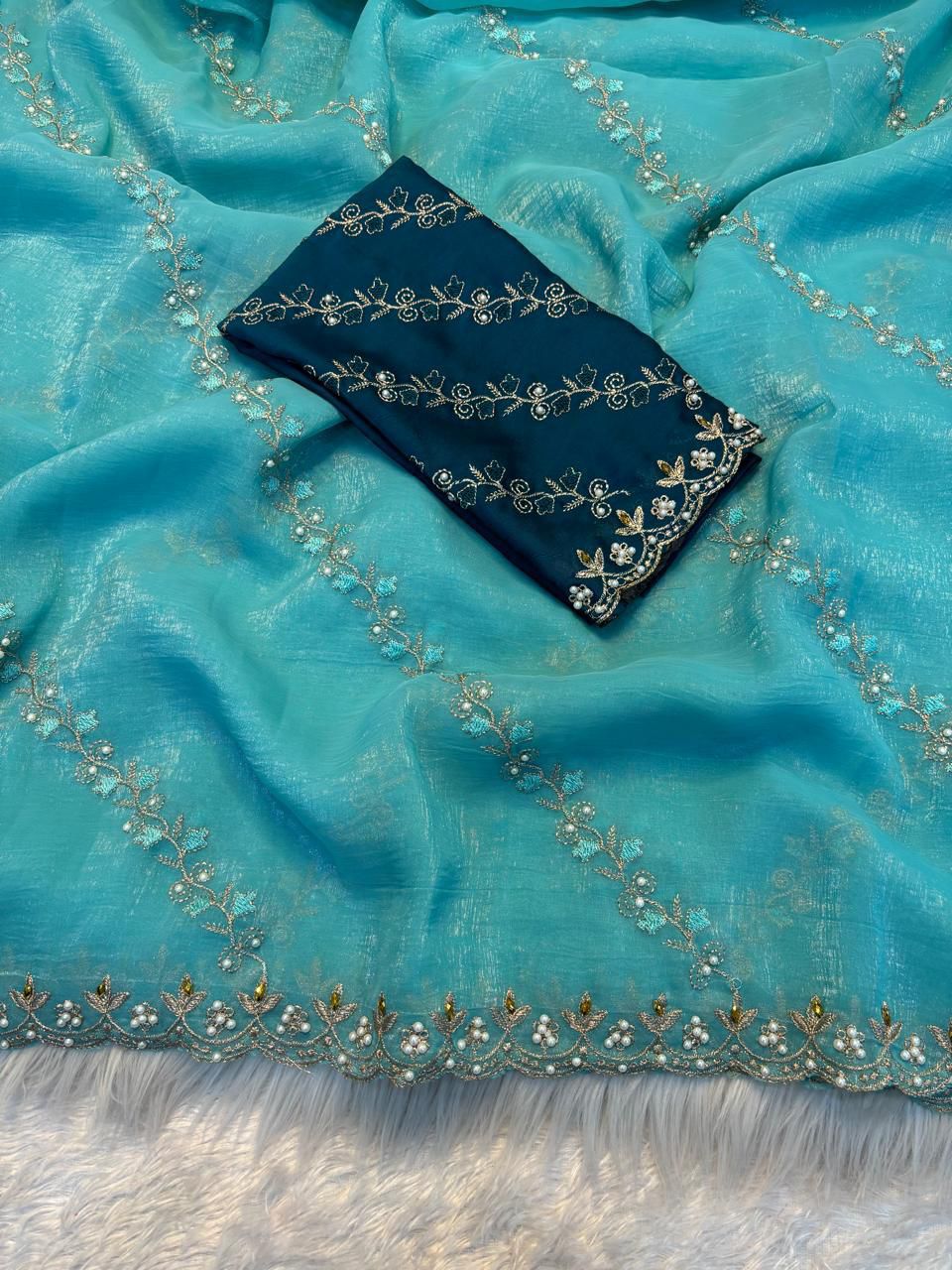Soft crunchy saree with embroidery work