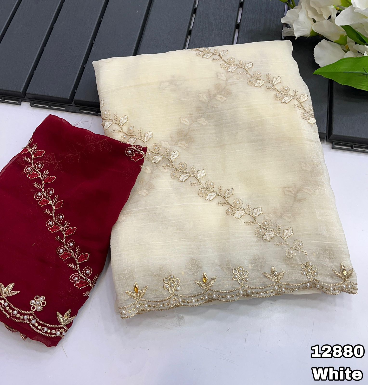 Soft crunchy saree with embroidery work