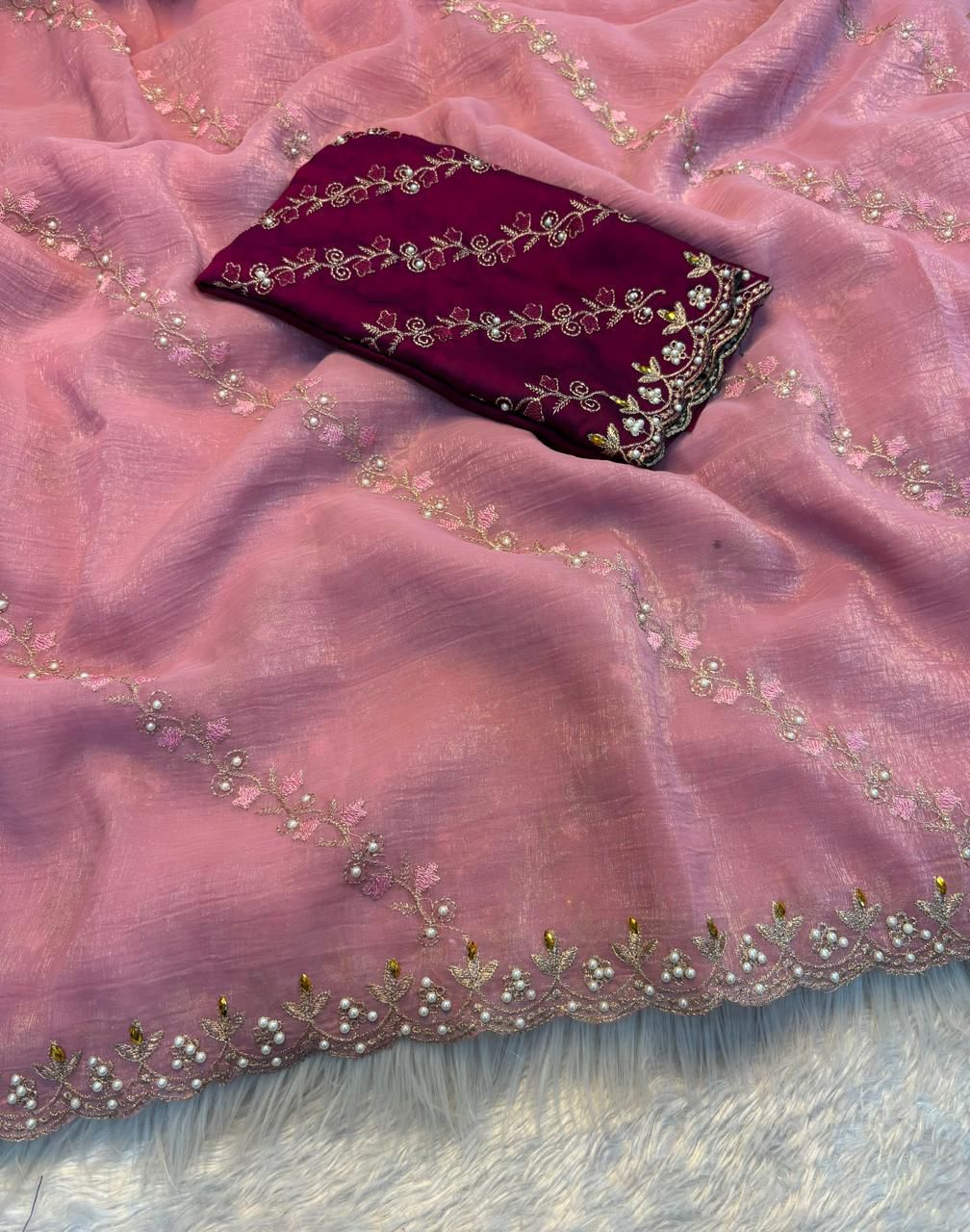 Soft crunchy saree with embroidery work
