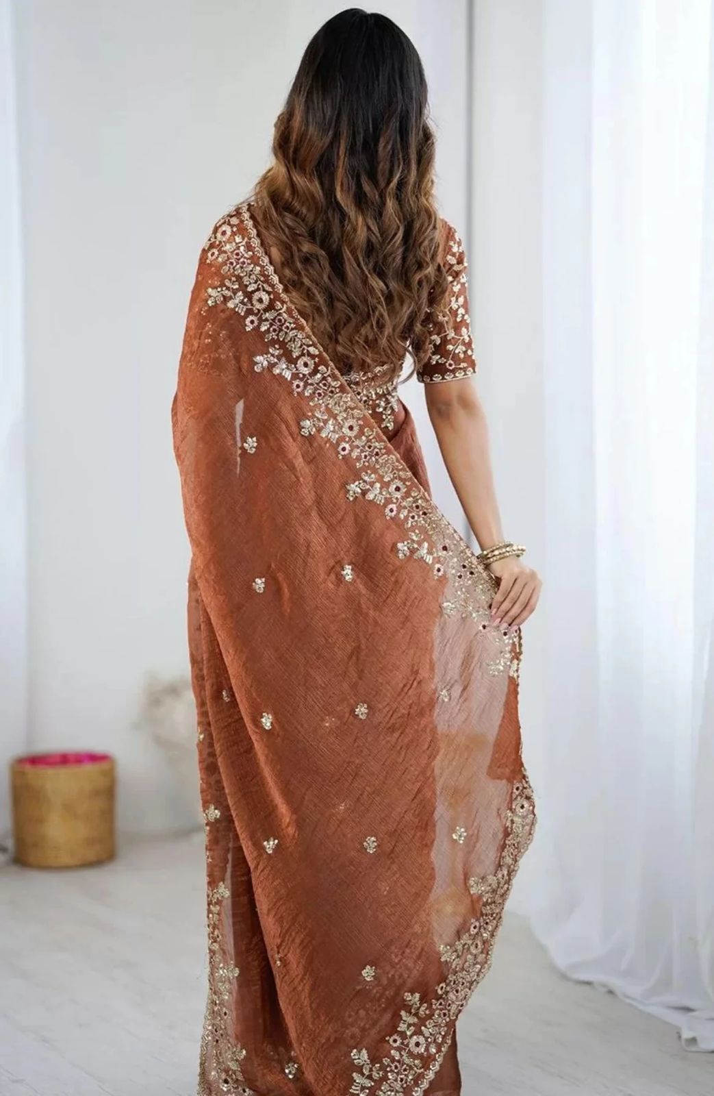 Soft Fendy Chiffon Saree With Heavy Embroidery Sequins And Thread Work