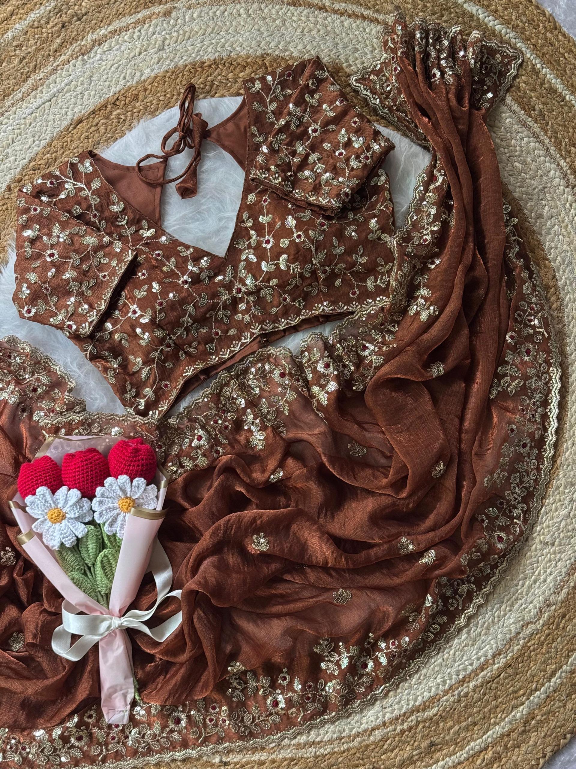 Soft Fendy Chiffon Saree With Heavy Embroidery Sequins And Thread Work