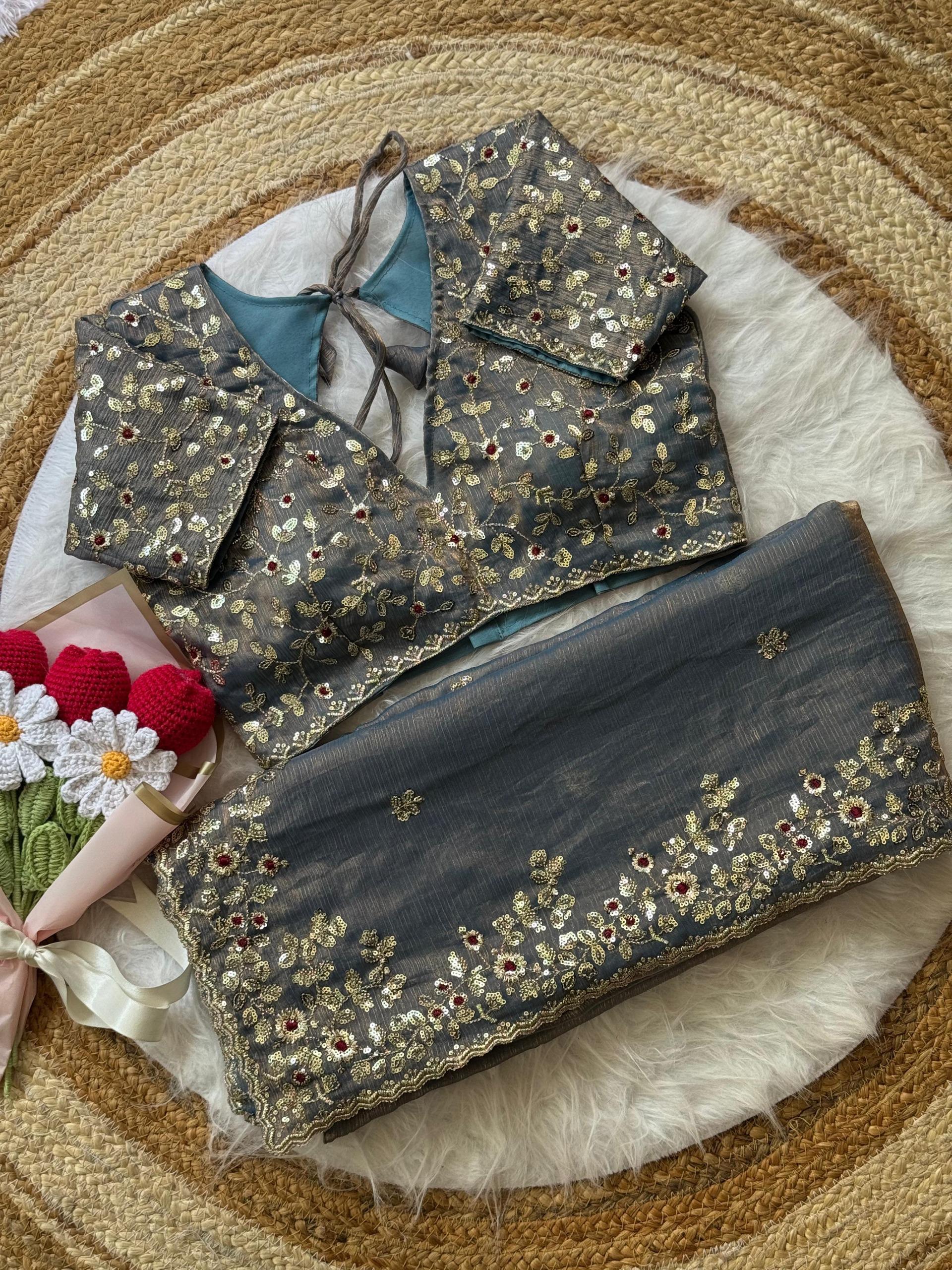 Soft Fendy Chiffon Saree With Heavy Embroidery Sequins And Thread Work