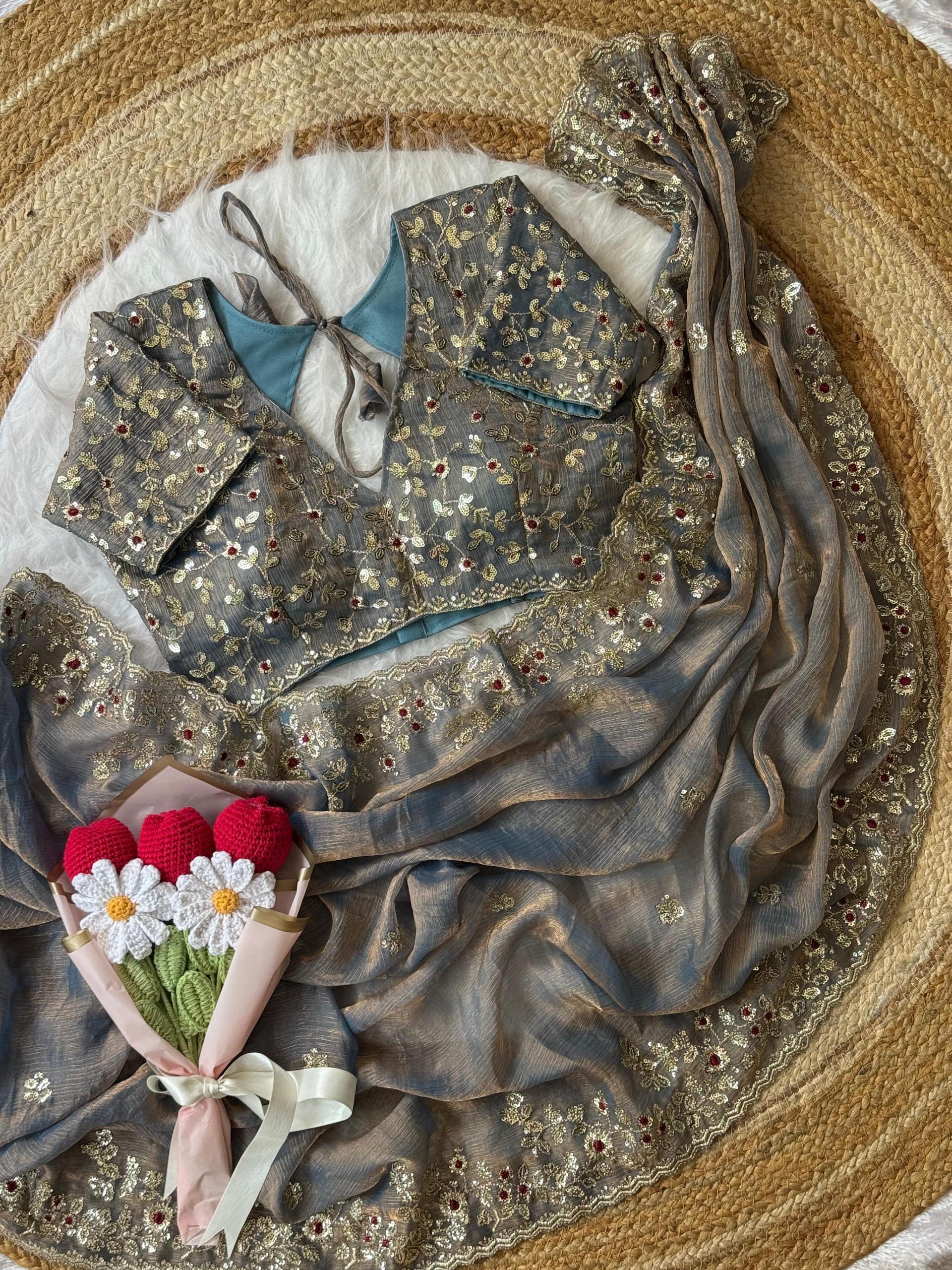 Soft Fendy Chiffon Saree With Heavy Embroidery Sequins And Thread Work