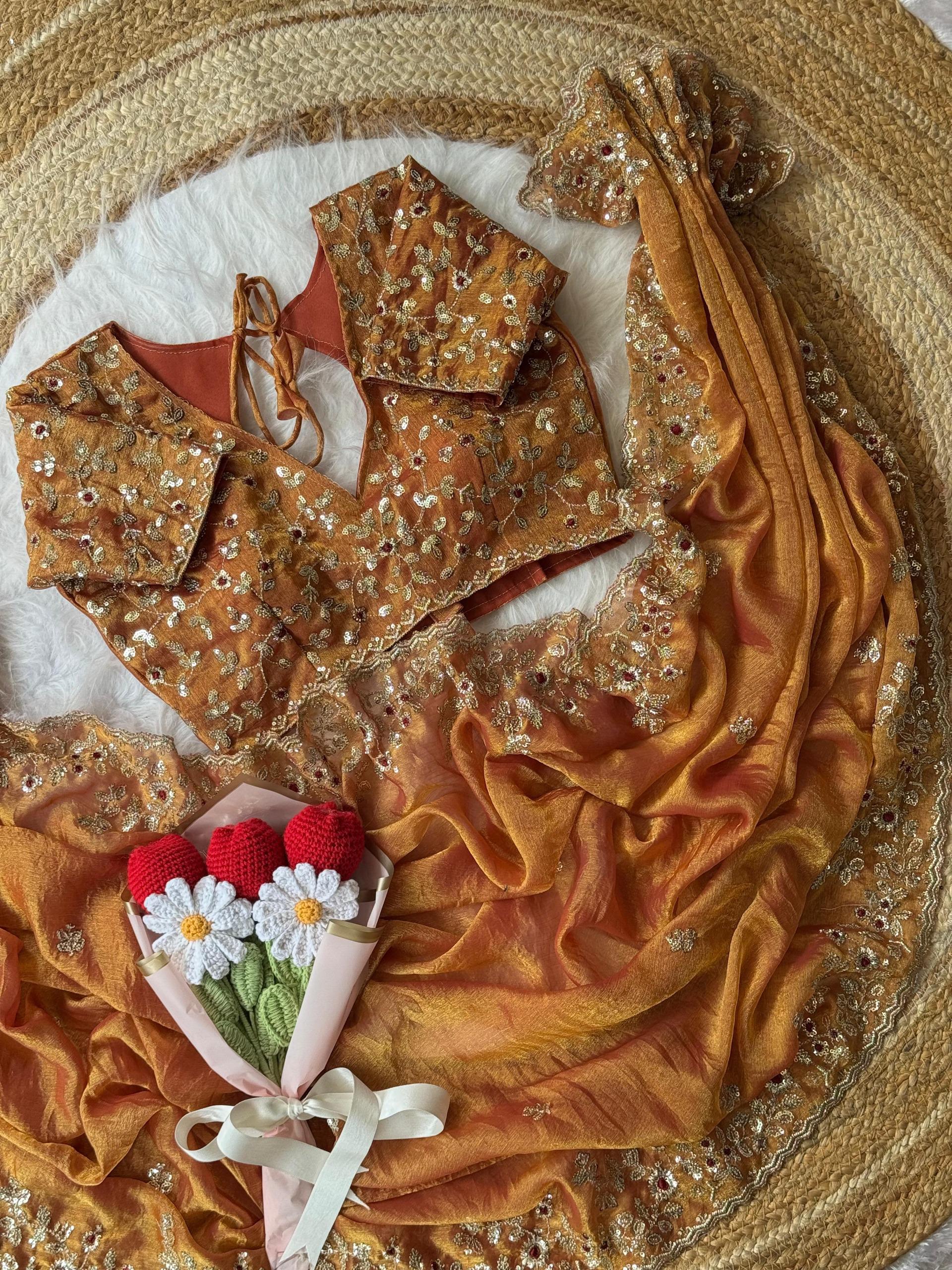 Soft Fendy Chiffon Saree With Heavy Embroidery Sequins And Thread Work