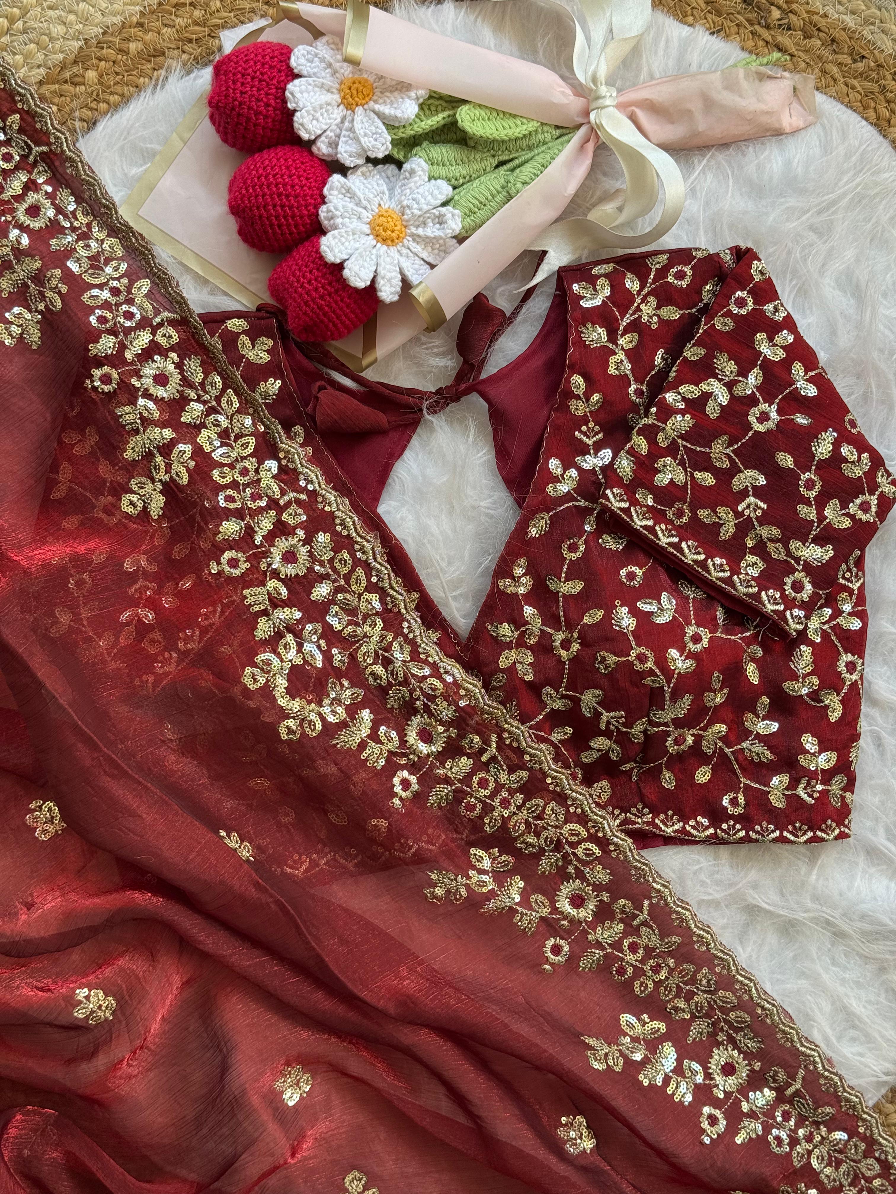 Soft Fendy Chiffon Saree With Heavy Embroidery Sequins And Thread Work