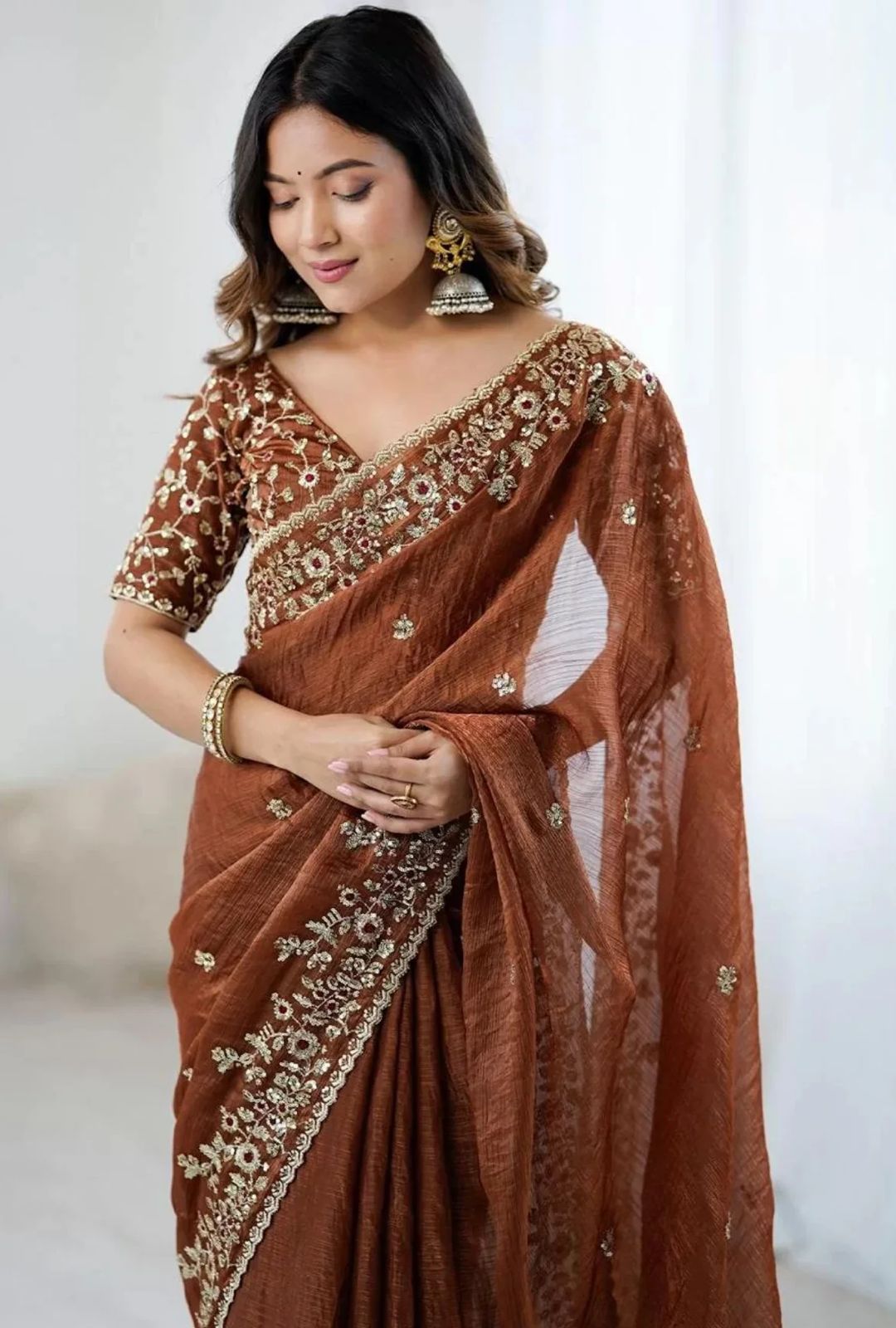 Soft Fendy Chiffon Saree With Heavy Embroidery Sequins And Thread Work