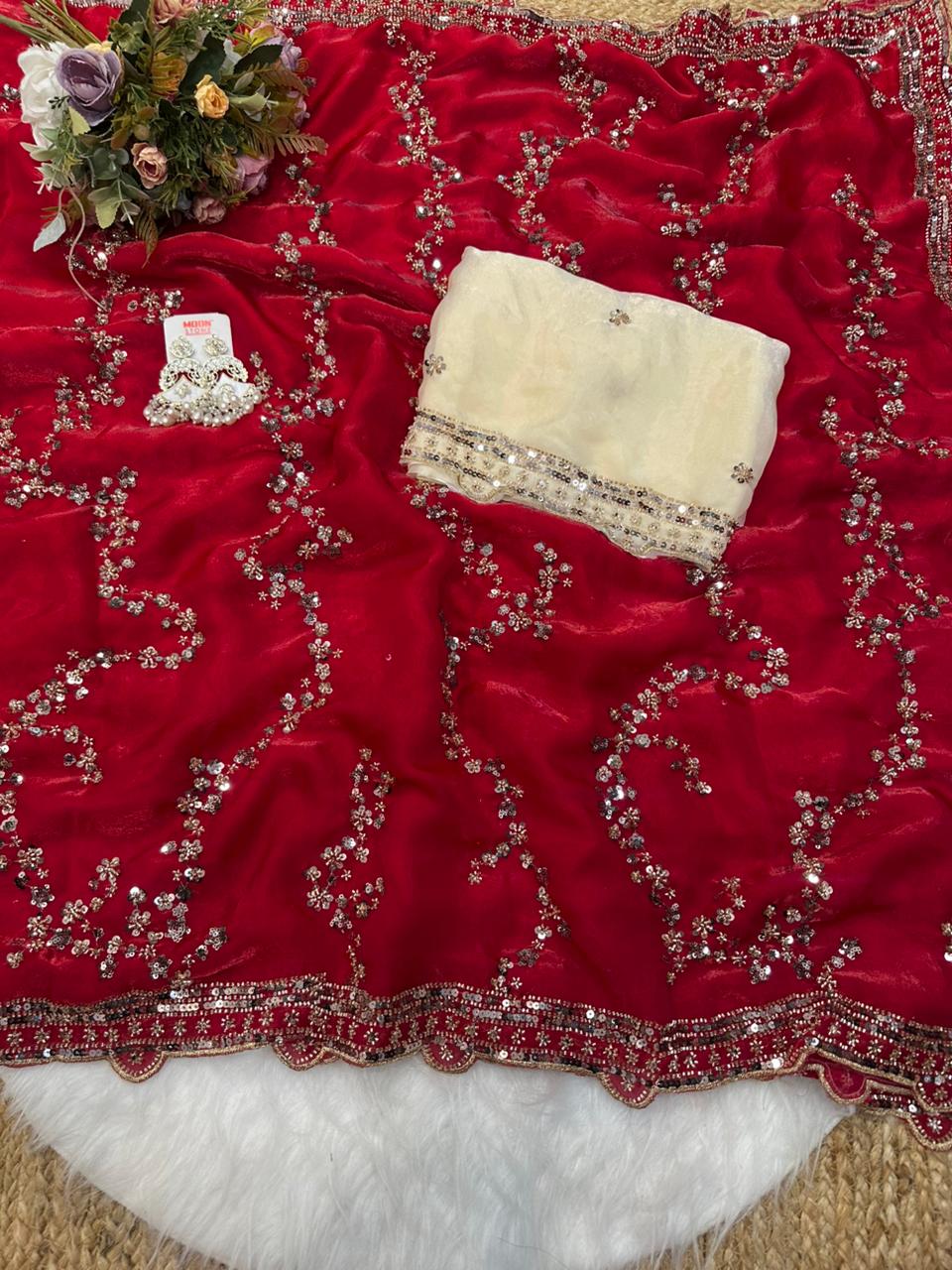 Rose gold beads work highly demanded val- moti and sequins work space silk saree and contrast designer beads work and sequins work blouse