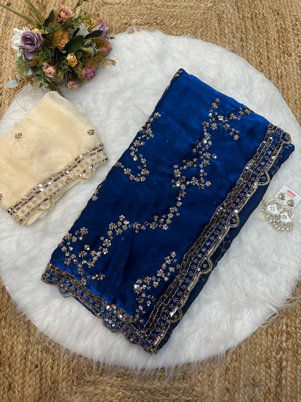 Rose gold beads work highly demanded val- moti and sequins work space silk saree and contrast designer beads work and sequins work blouse