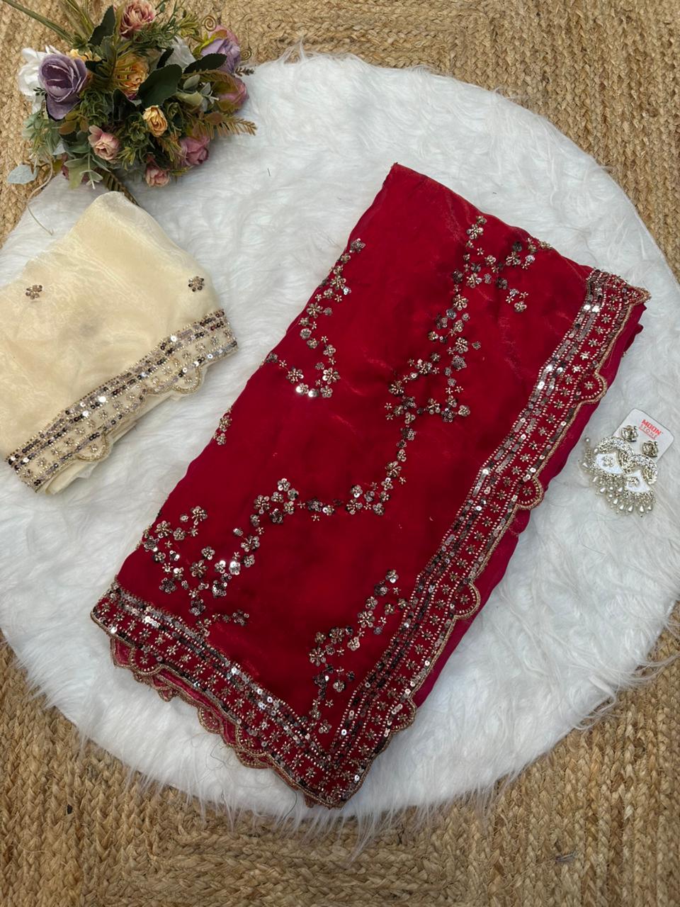 Rose gold beads work highly demanded val- moti and sequins work space silk saree and contrast designer beads work and sequins work blouse