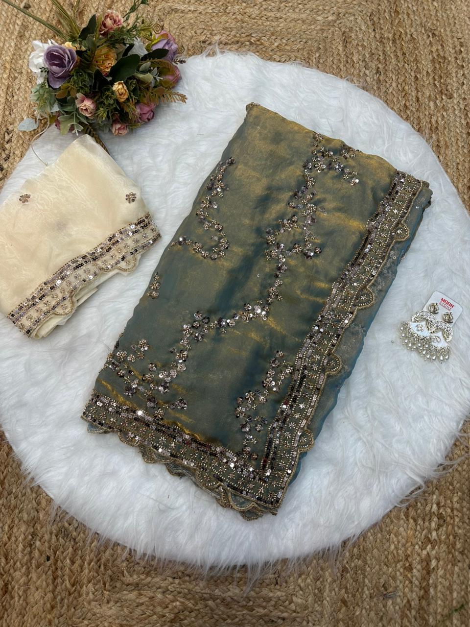 Rose gold beads work highly demanded val- moti and sequins work space silk saree and contrast designer beads work and sequins work blouse