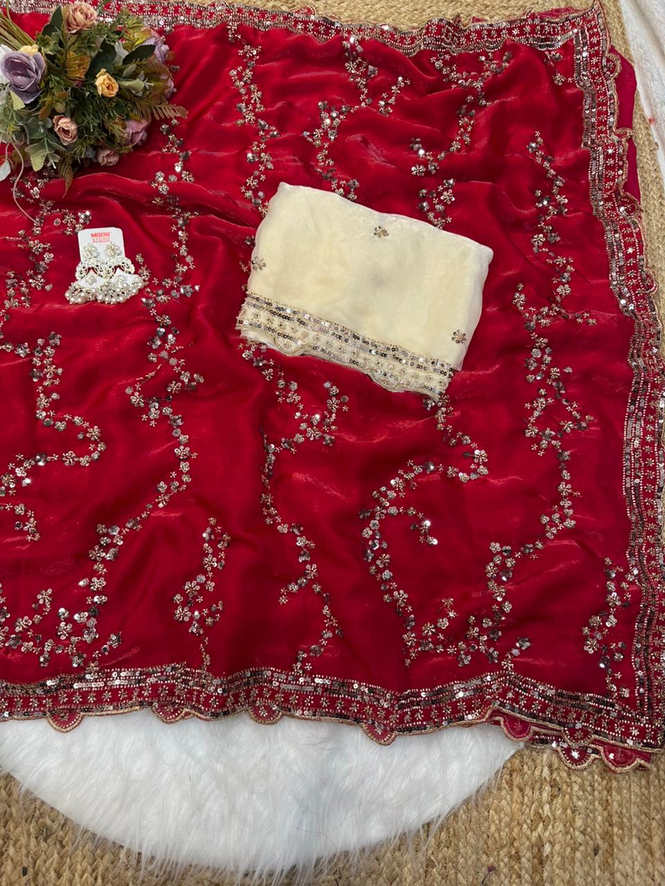 Rose gold beads work highly demanded val- moti and sequins work space silk saree and contrast designer beads work and sequins work blouse