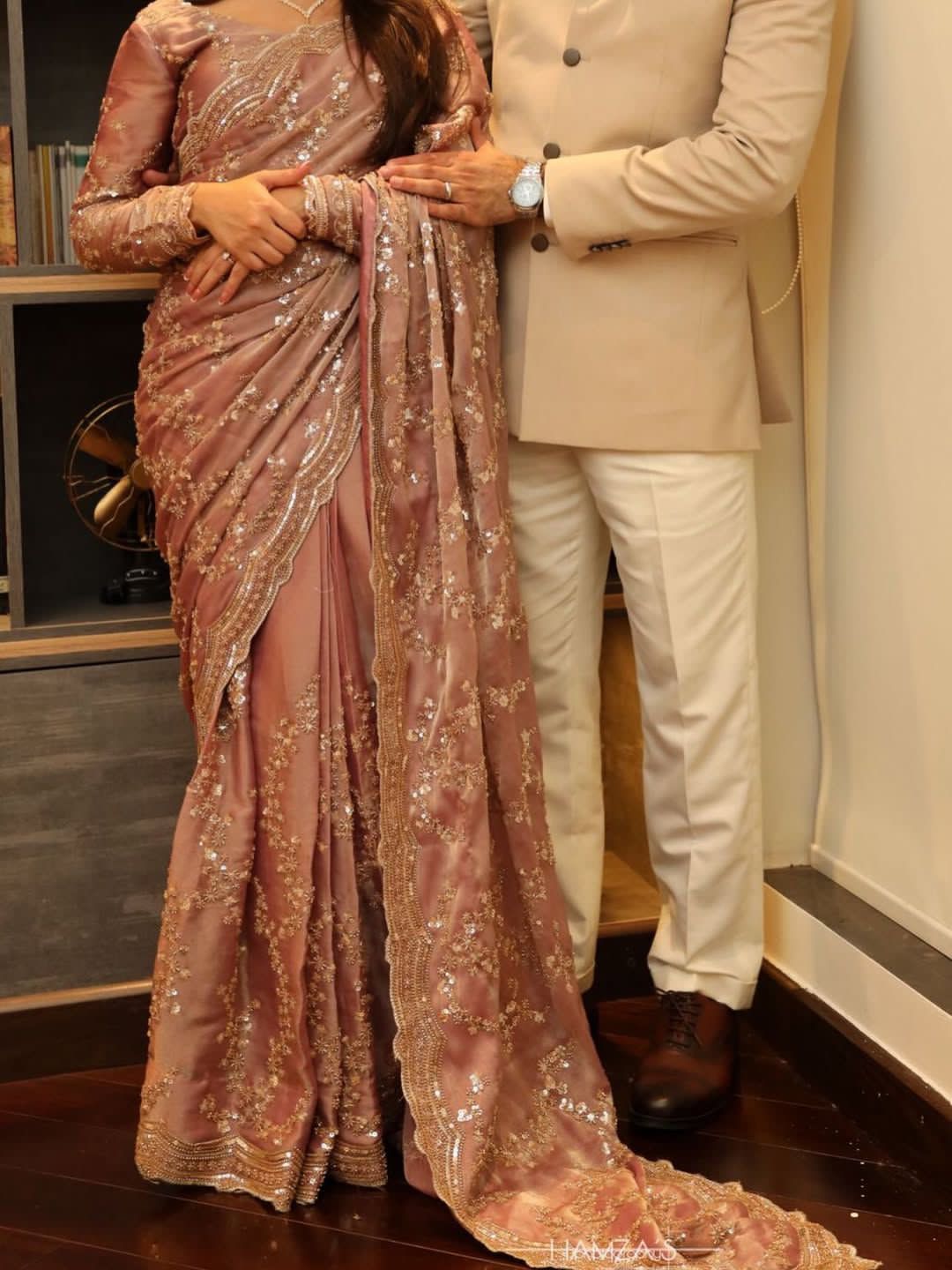 Rose gold beads work highly demanded val- moti and sequins work space silk saree and contrast designer beads work and sequins work blouse