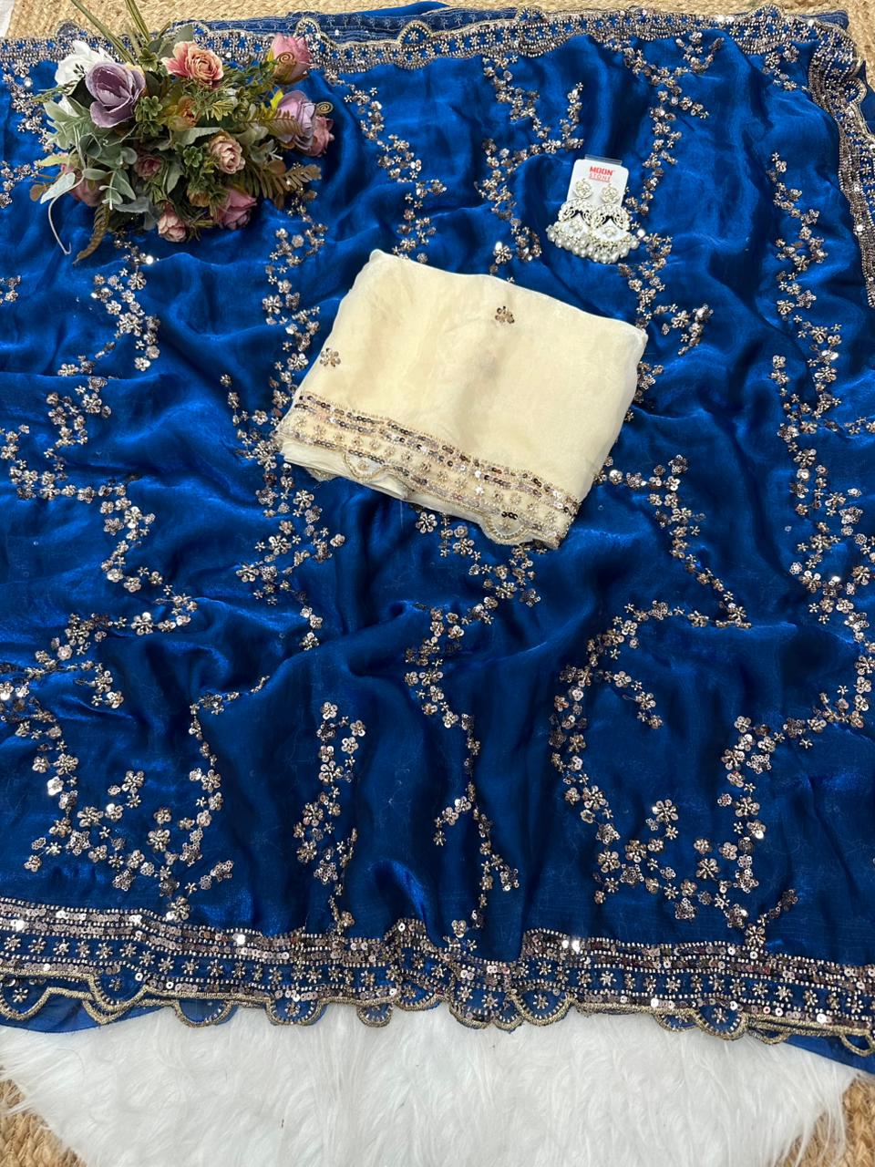 Rose gold beads work highly demanded val- moti and sequins work space silk saree and contrast designer beads work and sequins work blouse