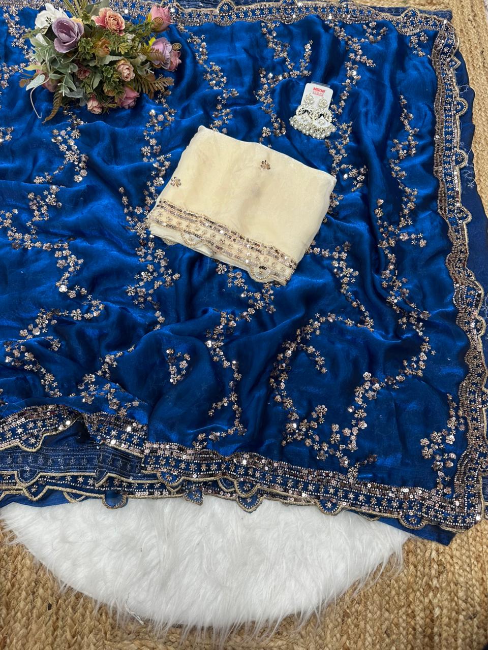 Rose gold beads work highly demanded val- moti and sequins work space silk saree and contrast designer beads work and sequins work blouse