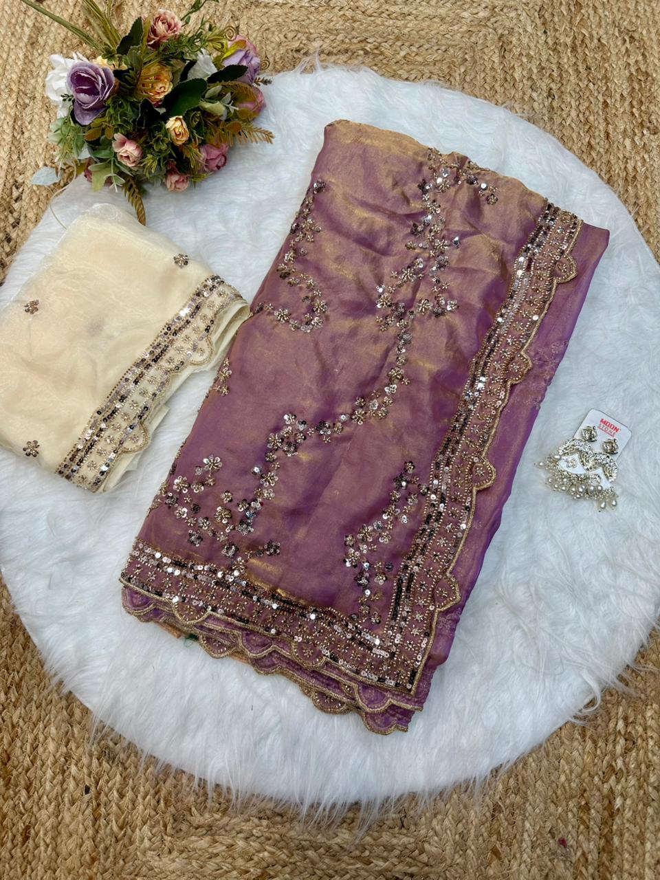 Rose gold beads work highly demanded val- moti and sequins work space silk saree and contrast designer beads work and sequins work blouse