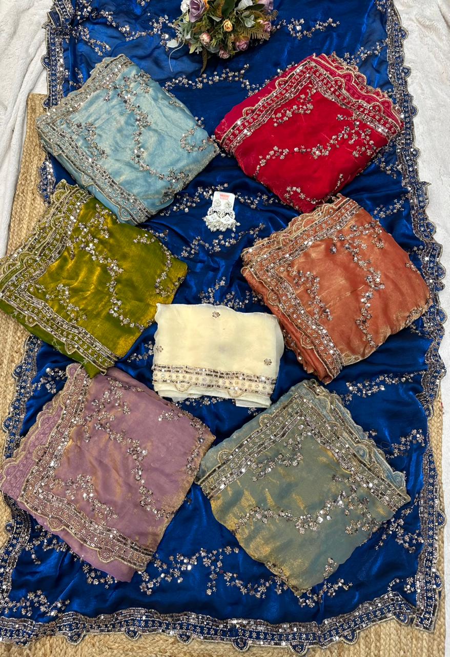 Rose gold beads work highly demanded val- moti and sequins work space silk saree and contrast designer beads work and sequins work blouse