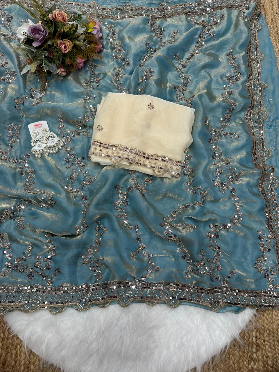 Rose gold beads work highly demanded val- moti and sequins work space silk saree and contrast designer beads work and sequins work blouse