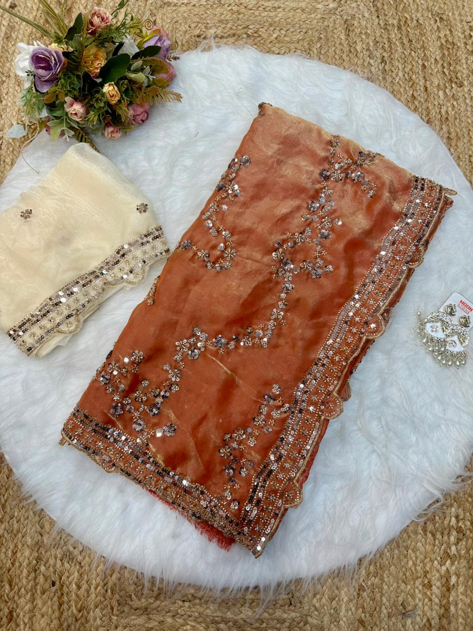 Rose gold beads work highly demanded val- moti and sequins work space silk saree and contrast designer beads work and sequins work blouse