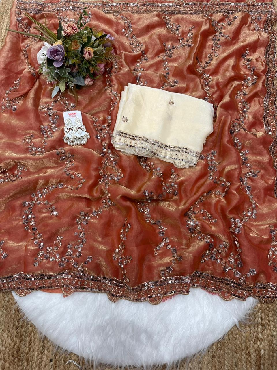 Rose gold beads work highly demanded val- moti and sequins work space silk saree and contrast designer beads work and sequins work blouse