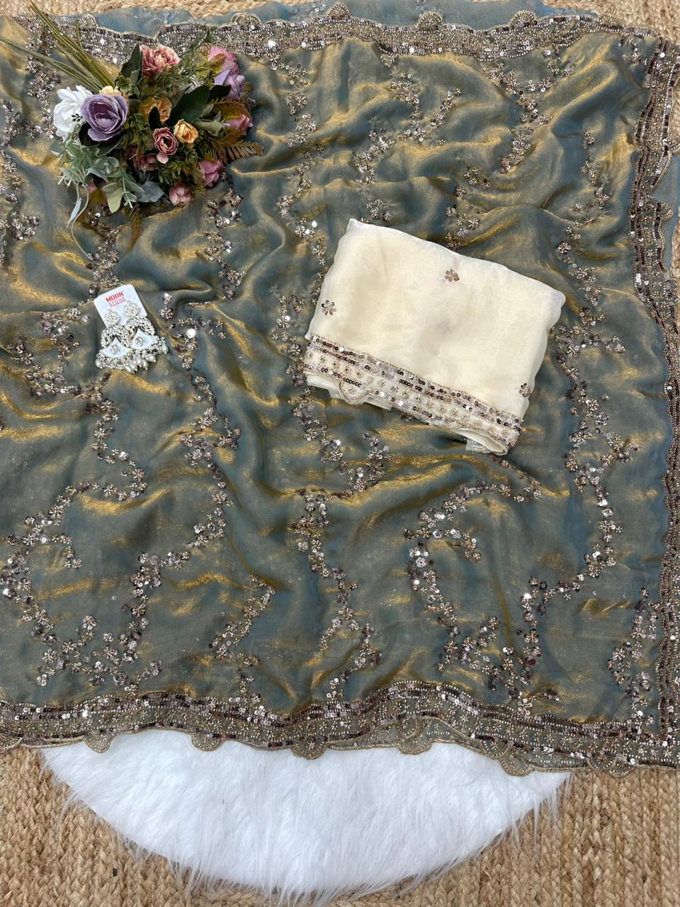 Rose gold beads work highly demanded val- moti and sequins work space silk saree and contrast designer beads work and sequins work blouse