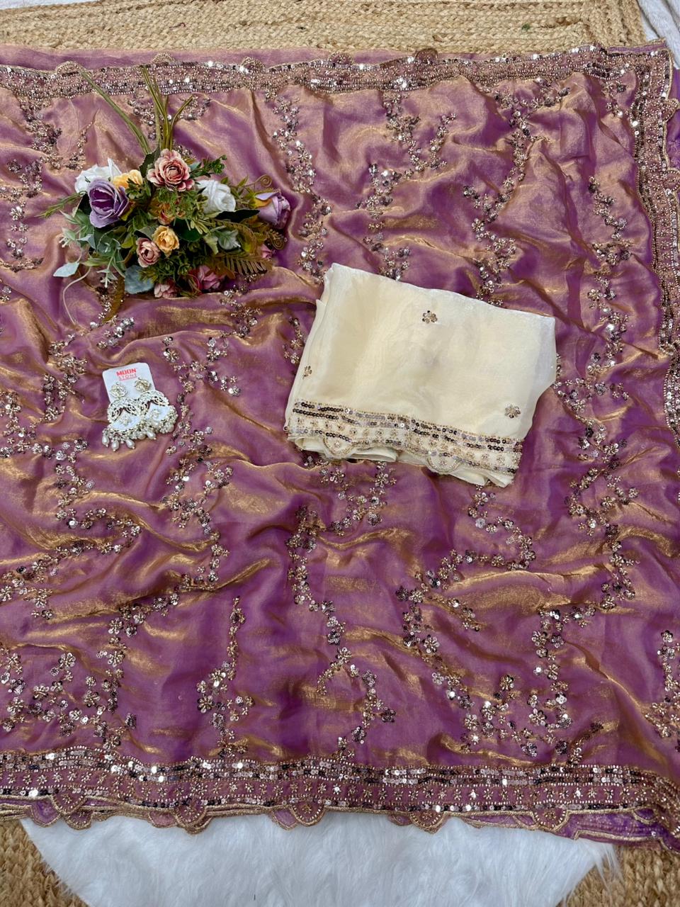 Rose gold beads work highly demanded val- moti and sequins work space silk saree and contrast designer beads work and sequins work blouse