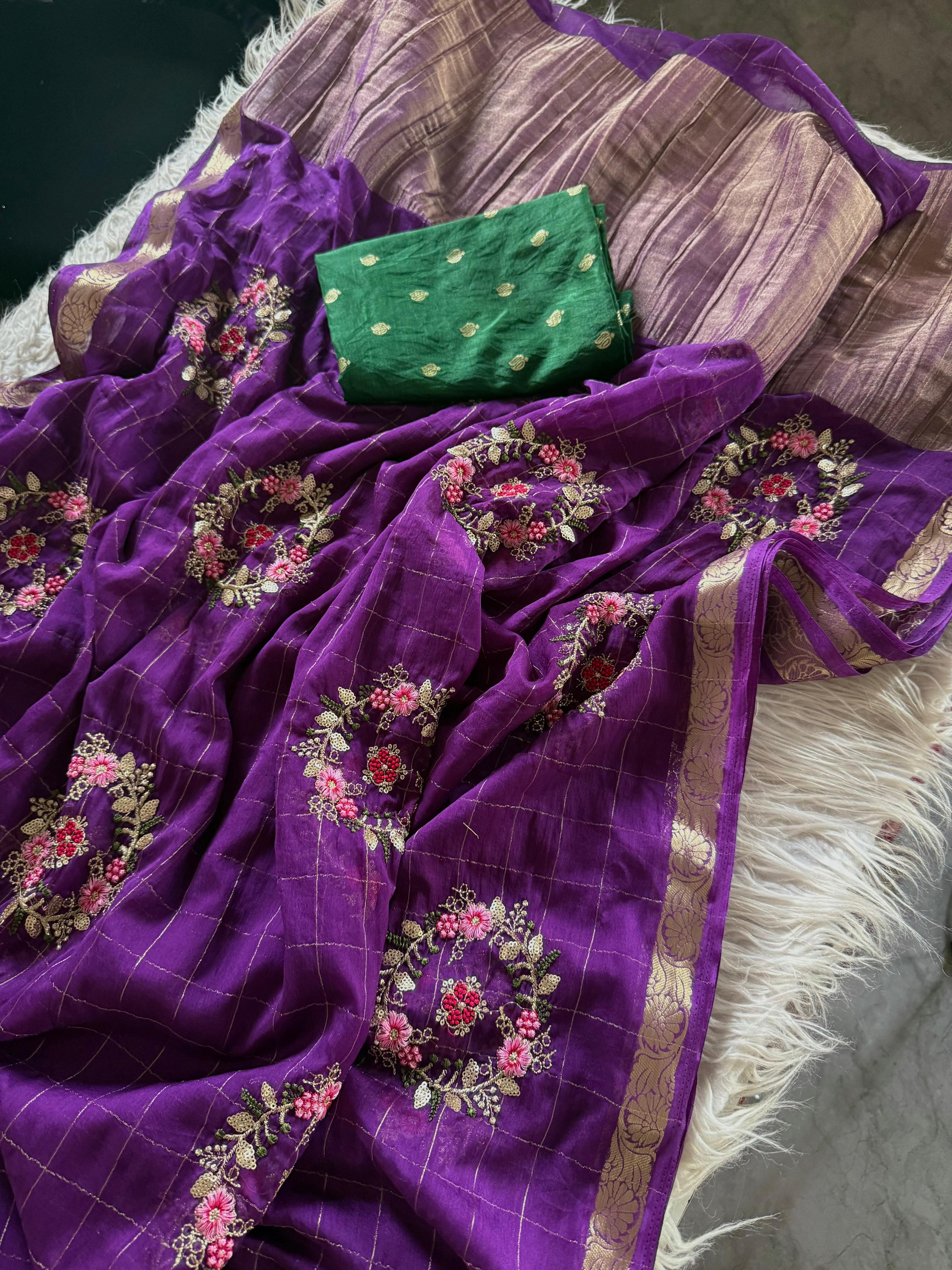 Pure chinnon Viscose Chex multi embroidery Squence Saree With  viscose butti blouse