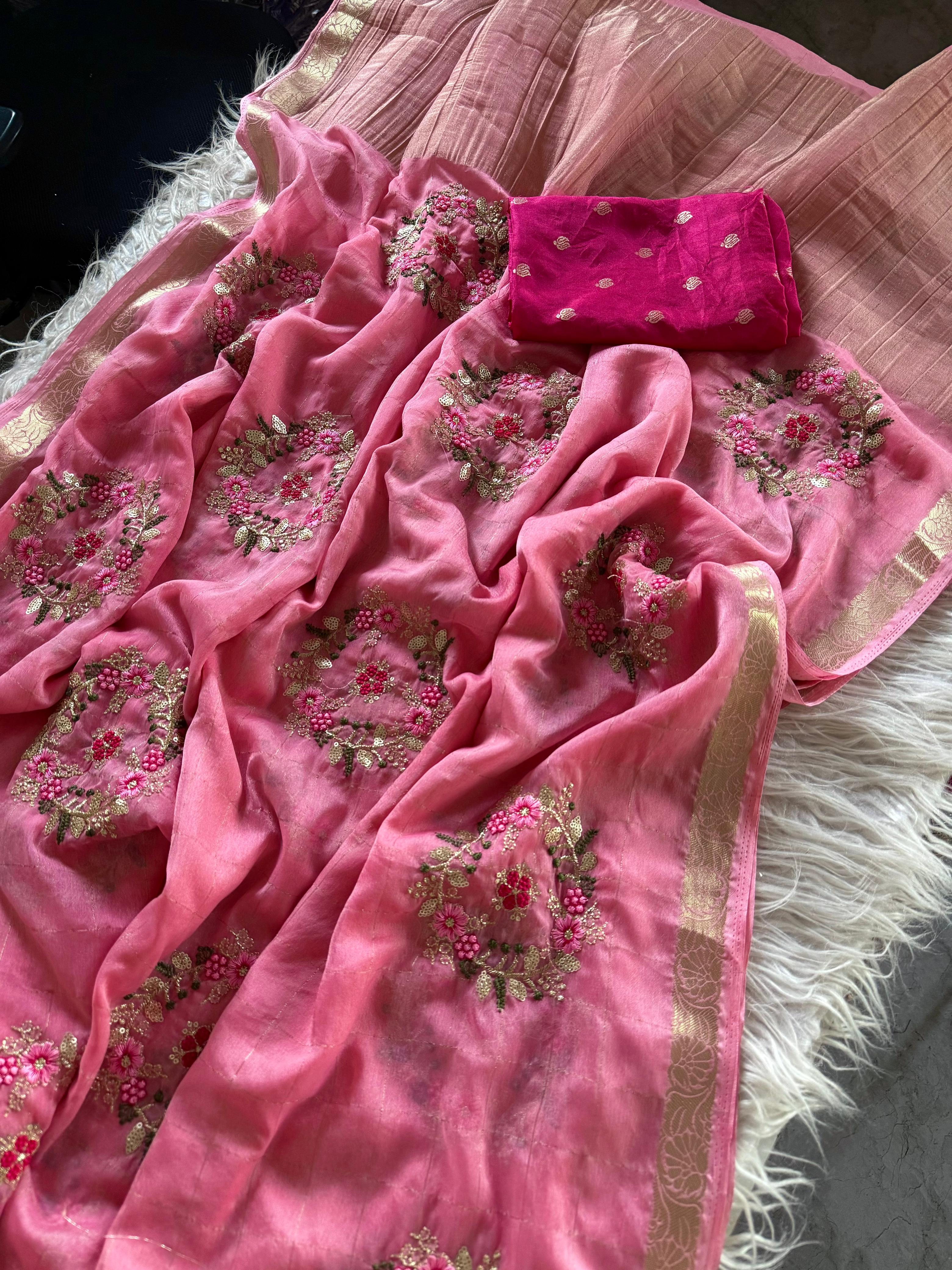 Pure chinnon Viscose Chex multi embroidery Squence Saree With  viscose butti blouse