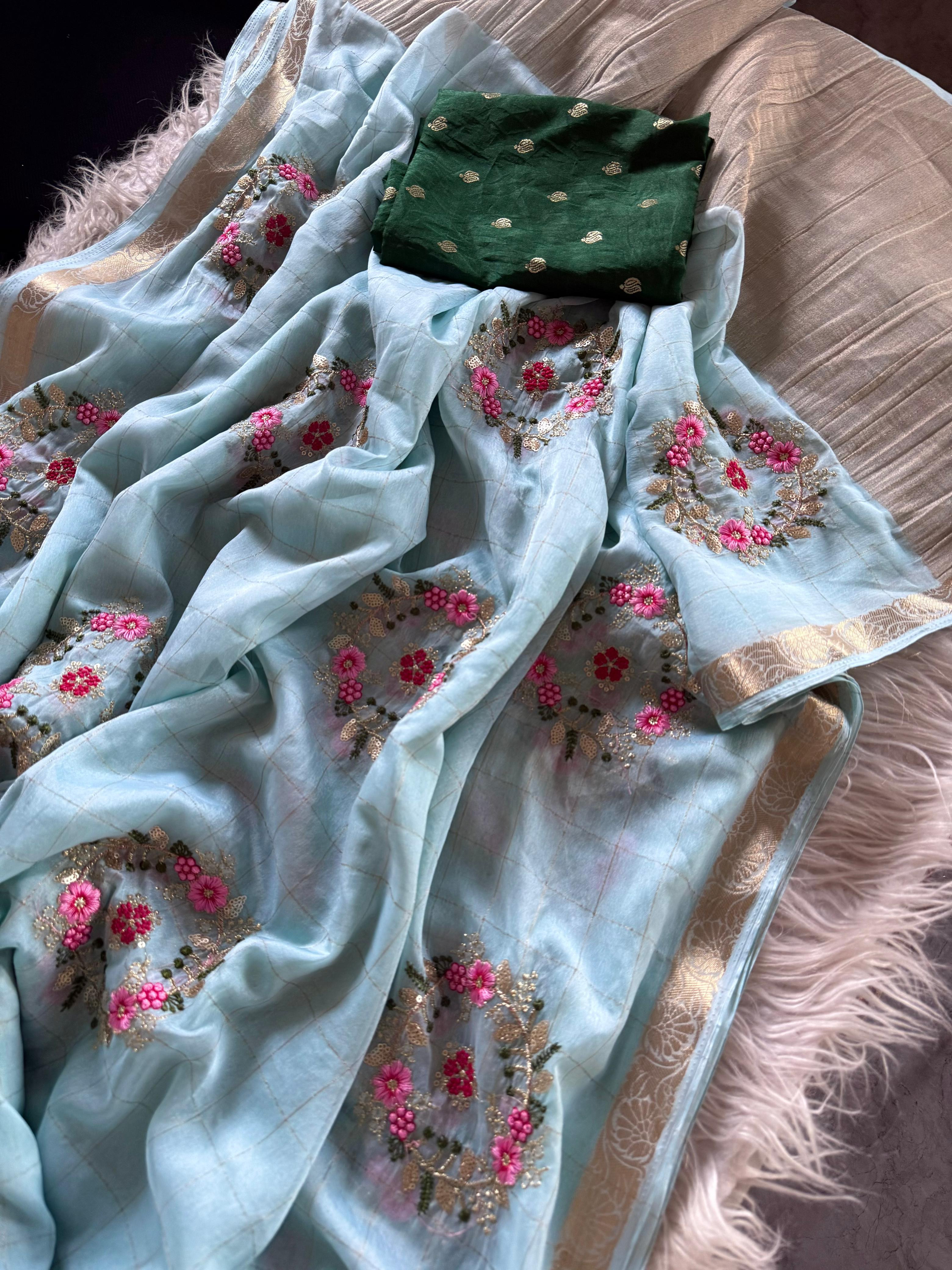 Pure chinnon Viscose Chex multi embroidery Squence Saree With  viscose butti blouse