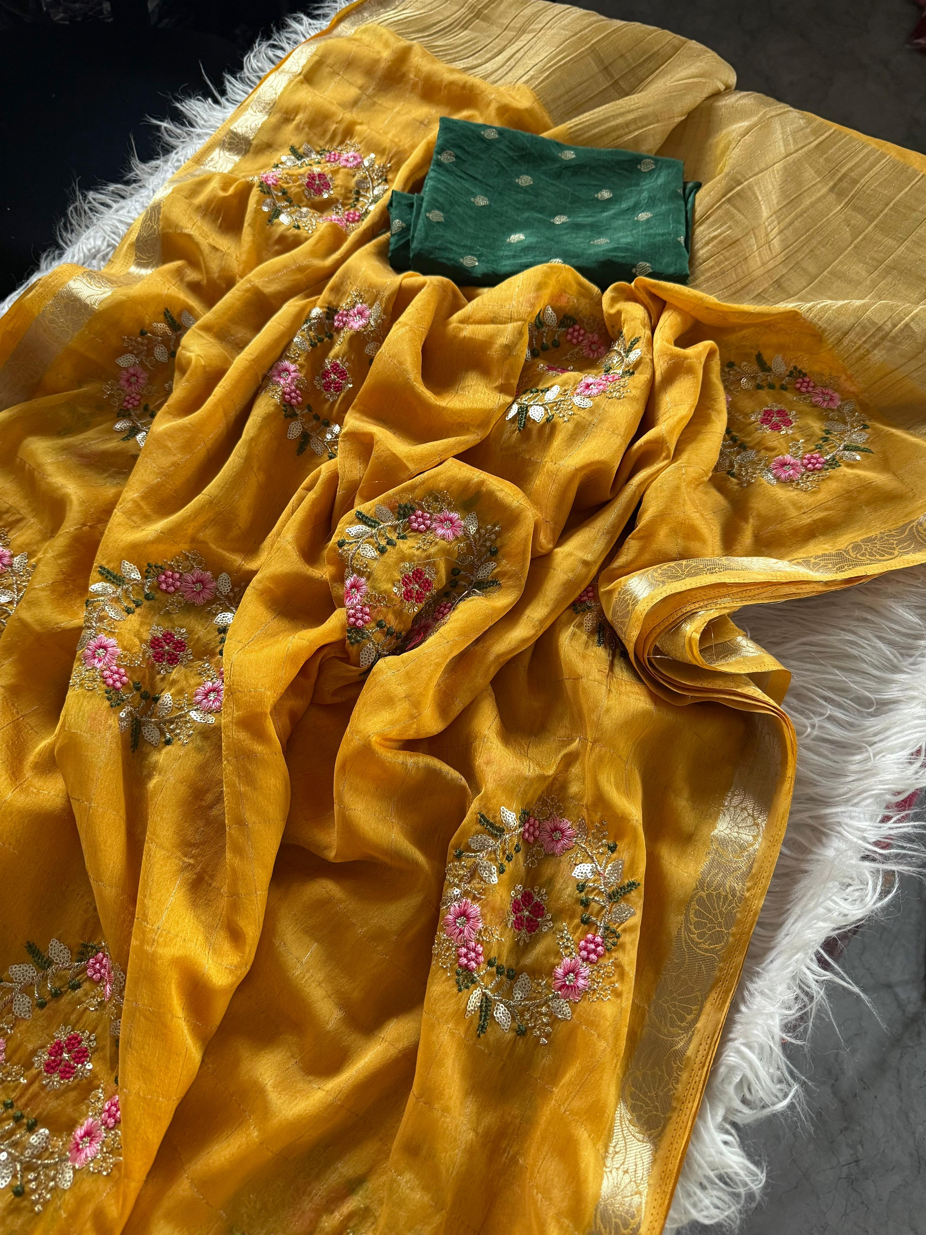 Pure chinnon Viscose Chex multi embroidery Squence Saree With  viscose butti blouse