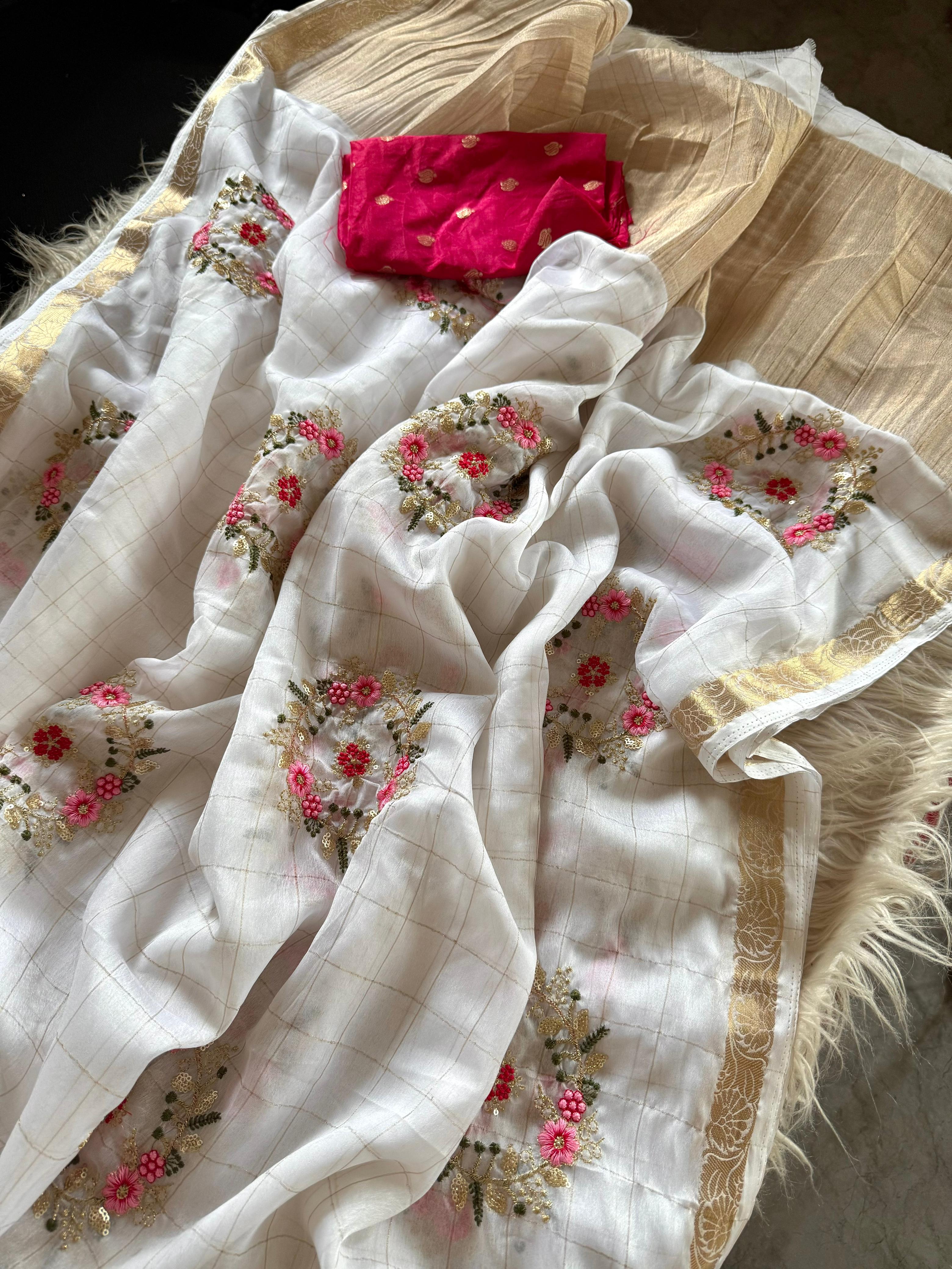 Pure chinnon Viscose Chex multi embroidery Squence Saree With  viscose butti blouse