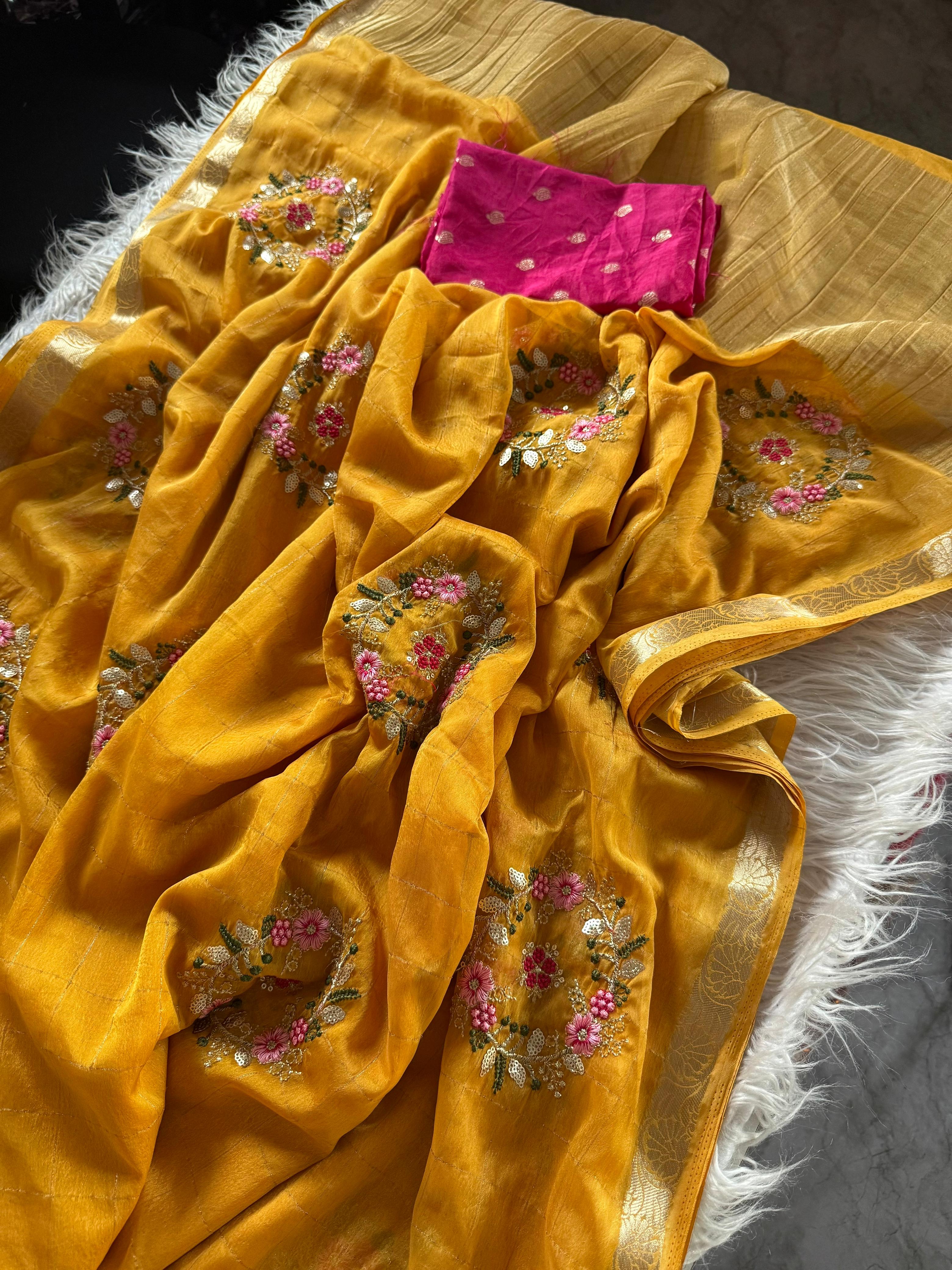 Pure chinnon Viscose Chex multi embroidery Squence Saree With  viscose butti blouse