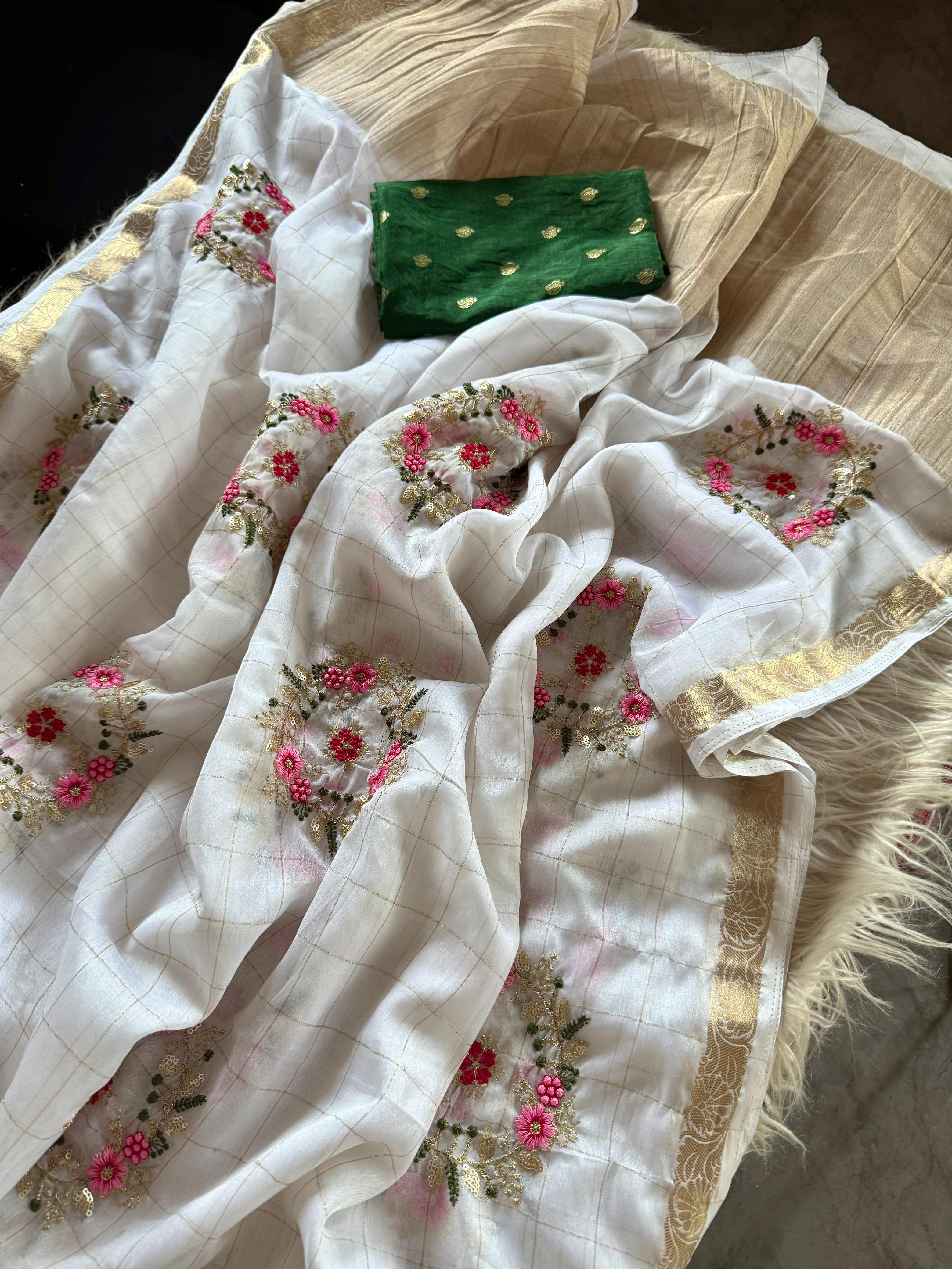 Pure chinnon Viscose Chex multi embroidery Squence Saree With  viscose butti blouse