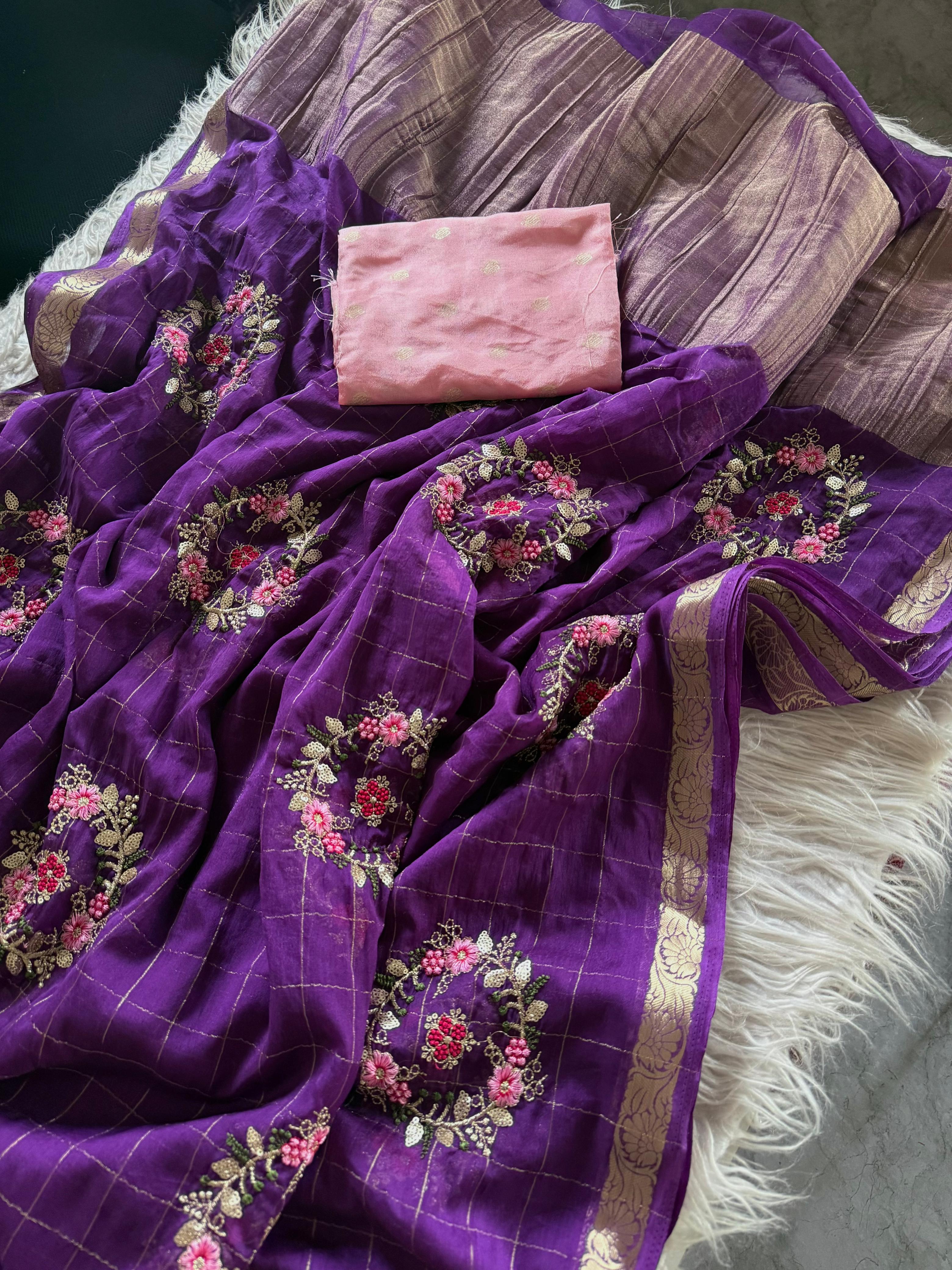 Pure chinnon Viscose Chex multi embroidery Squence Saree With  viscose butti blouse