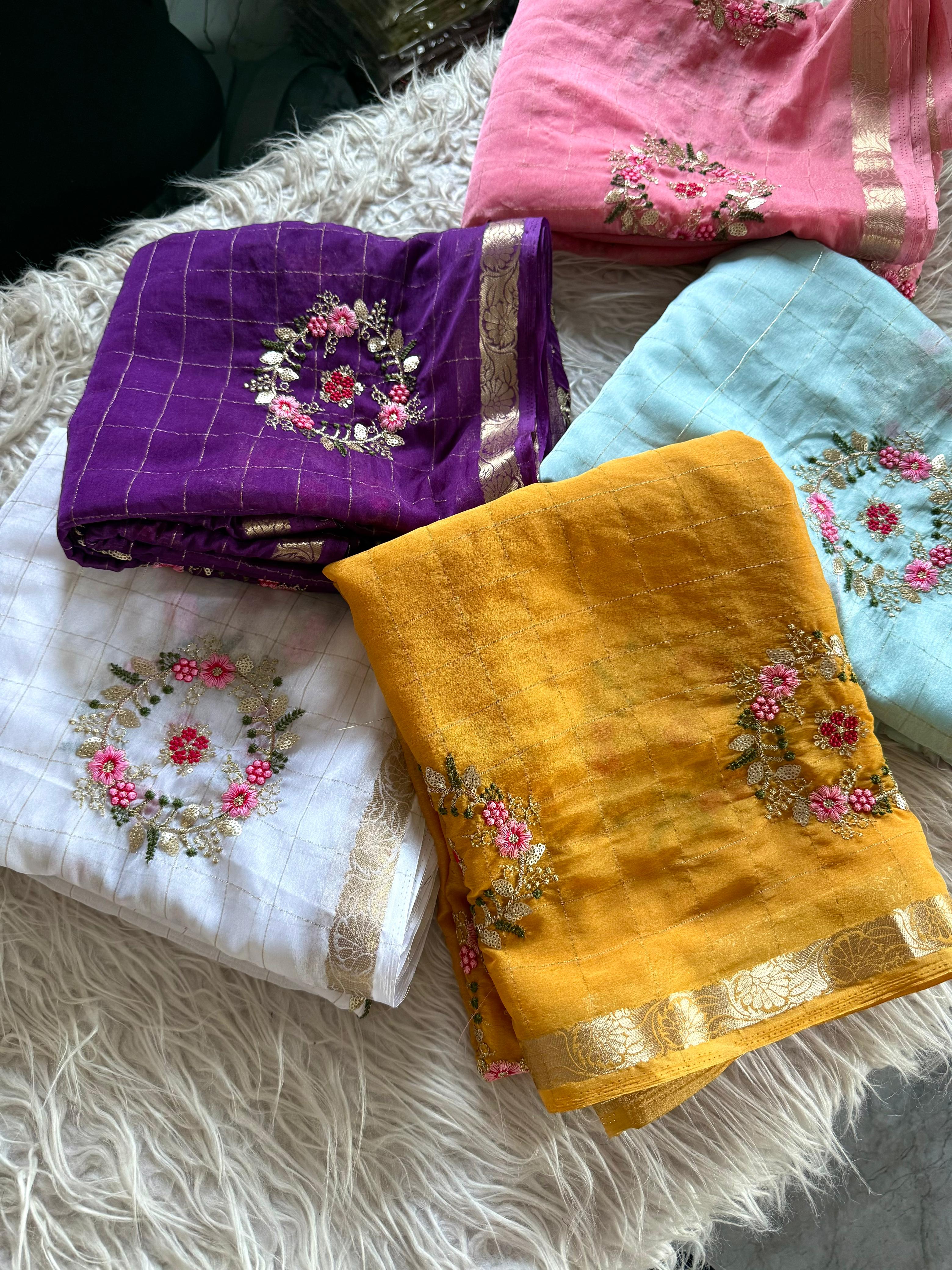 Pure chinnon Viscose Chex multi embroidery Squence Saree With  viscose butti blouse