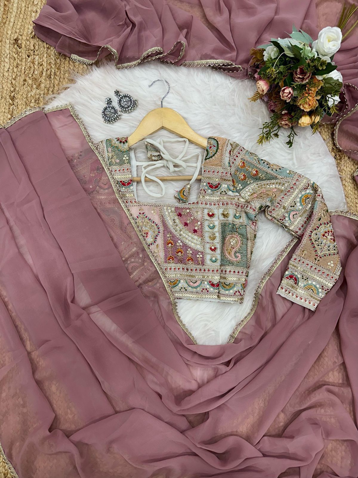 Soft Georgette saree with lace  border and heavy embroidery coding work designer blouse