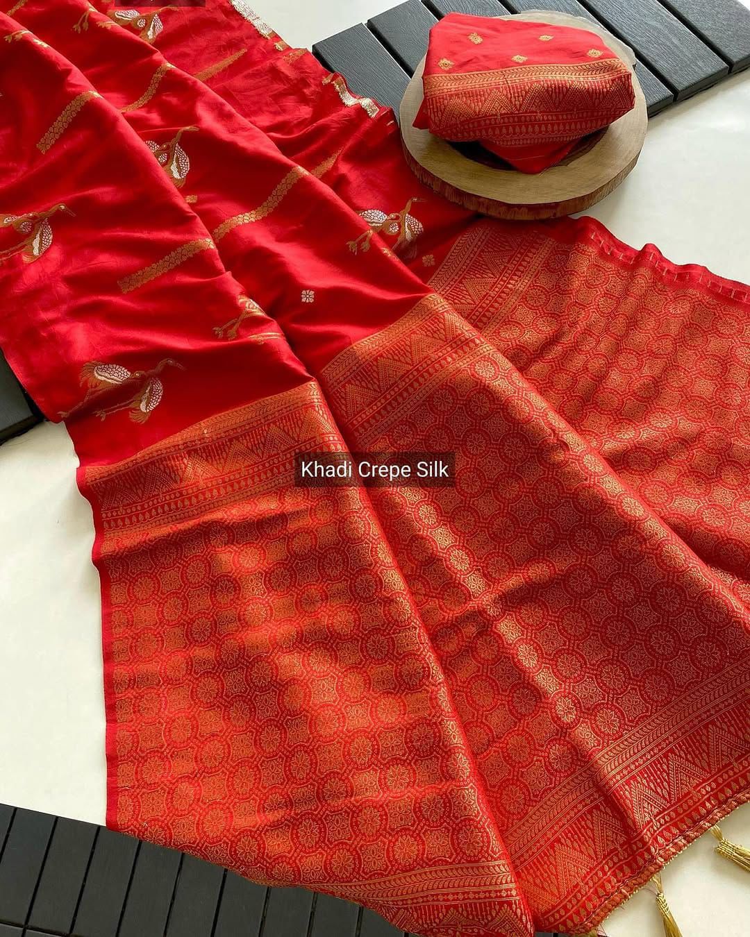 Experience the grandeur of Banarasi craftsmanship! Our stunning nylon Banarasi hand-dyed saree features: