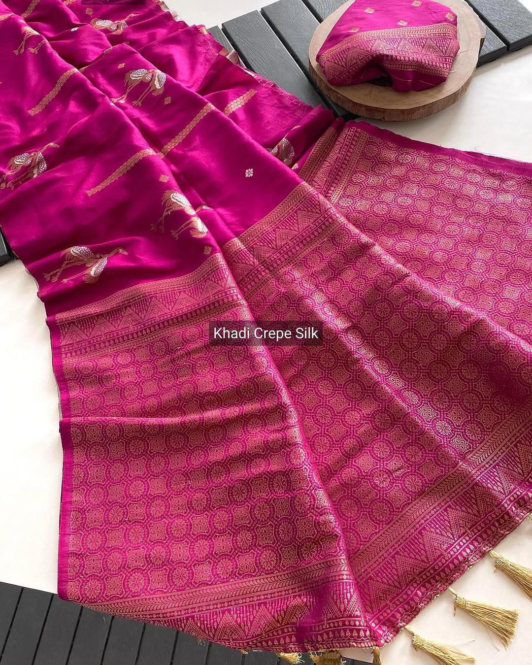 Experience the grandeur of Banarasi craftsmanship! Our stunning nylon Banarasi hand-dyed saree features: