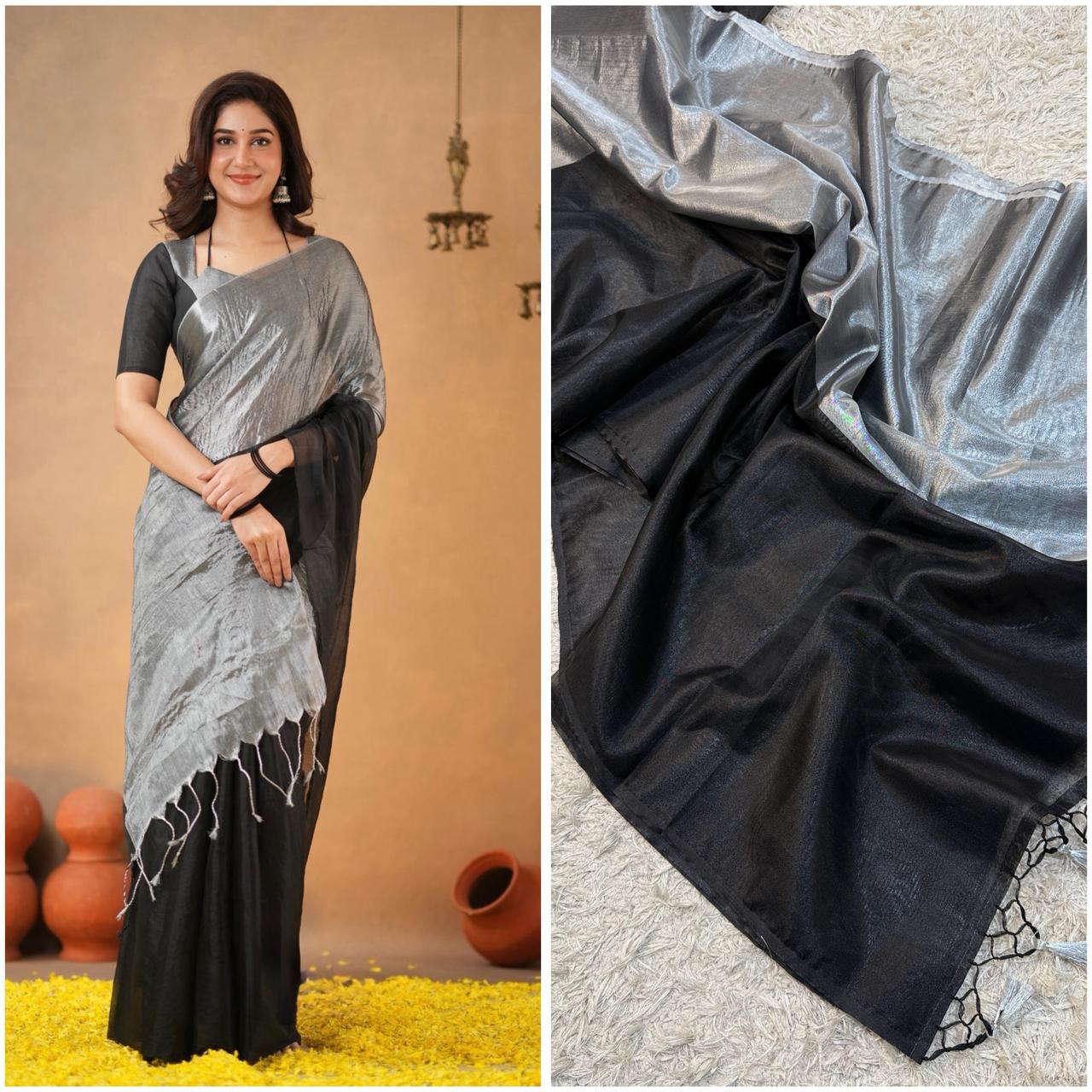 Banarasi Glass Tissue Silk Saree with Luxury tassels work