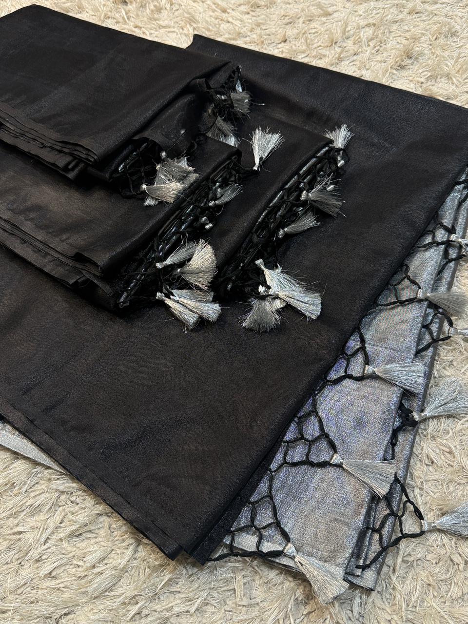 Banarasi Glass Tissue Silk Saree with Luxury tassels work