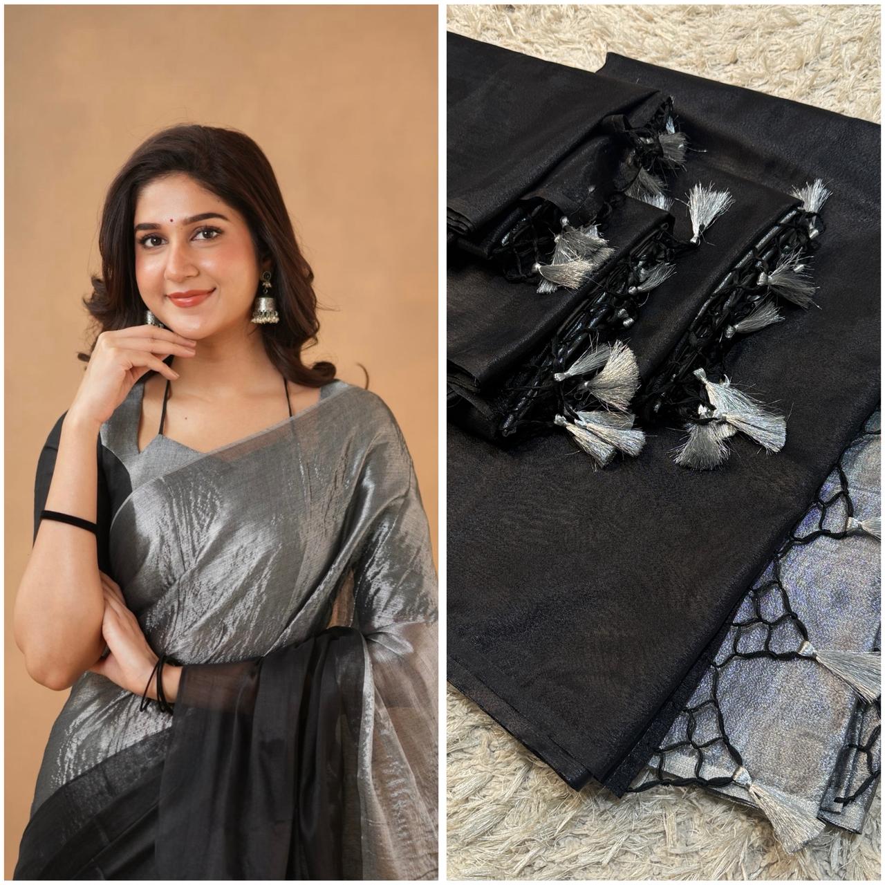 Banarasi Glass Tissue Silk Saree with Luxury tassels work