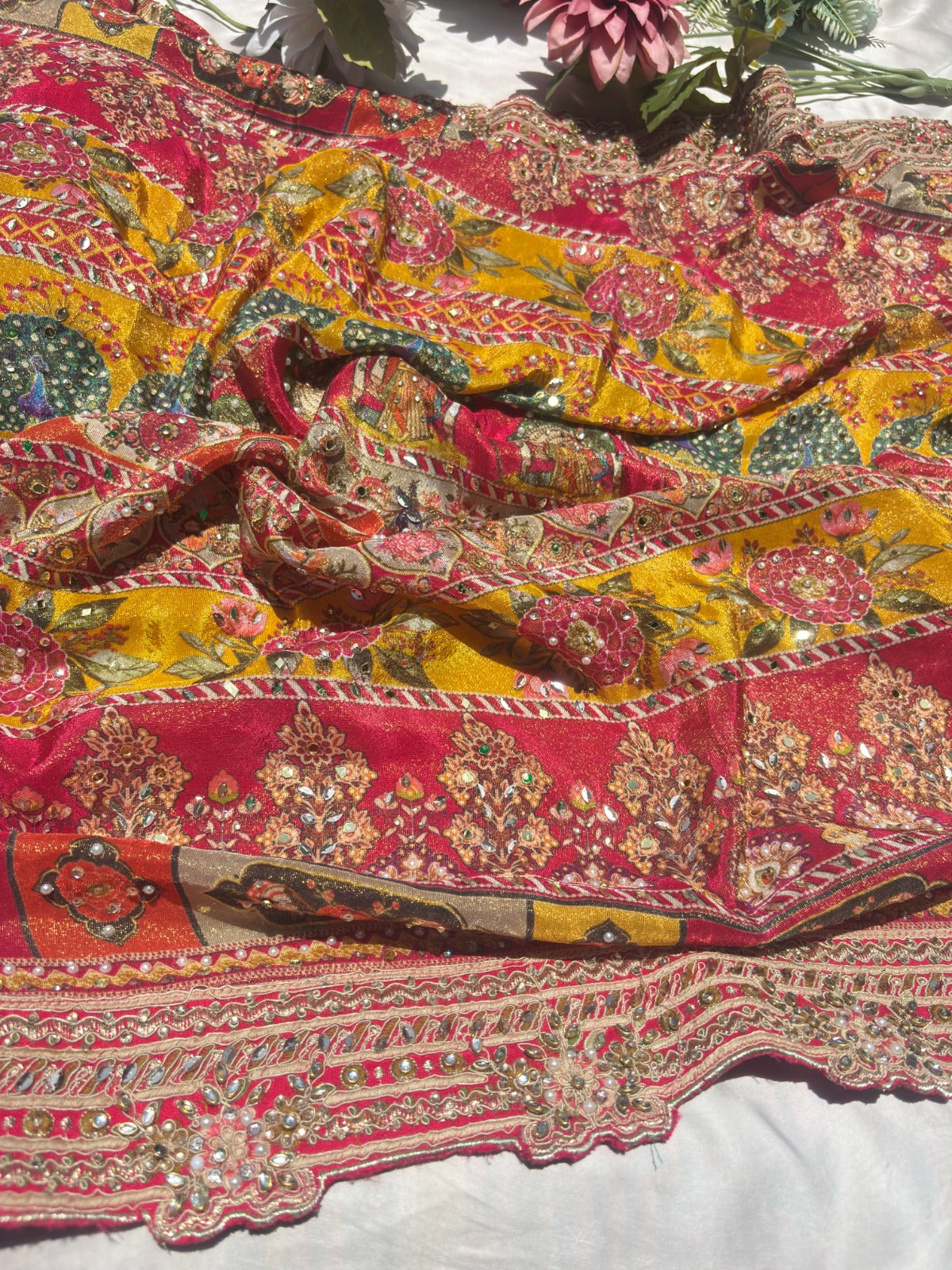 Exclusive Designer chinnon tissue with Krishna's theme Art work