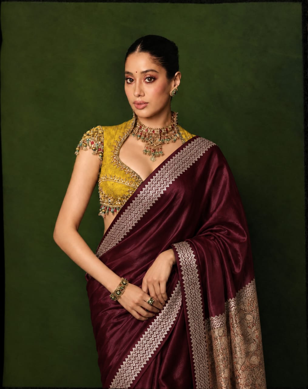 Celeb inspired saree with raw silk work blouse