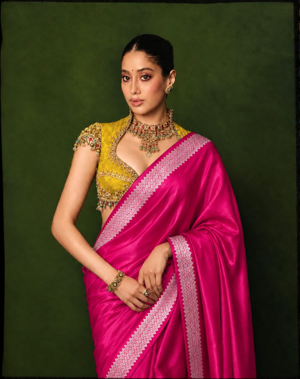 Celeb inspired saree with raw silk work blouse