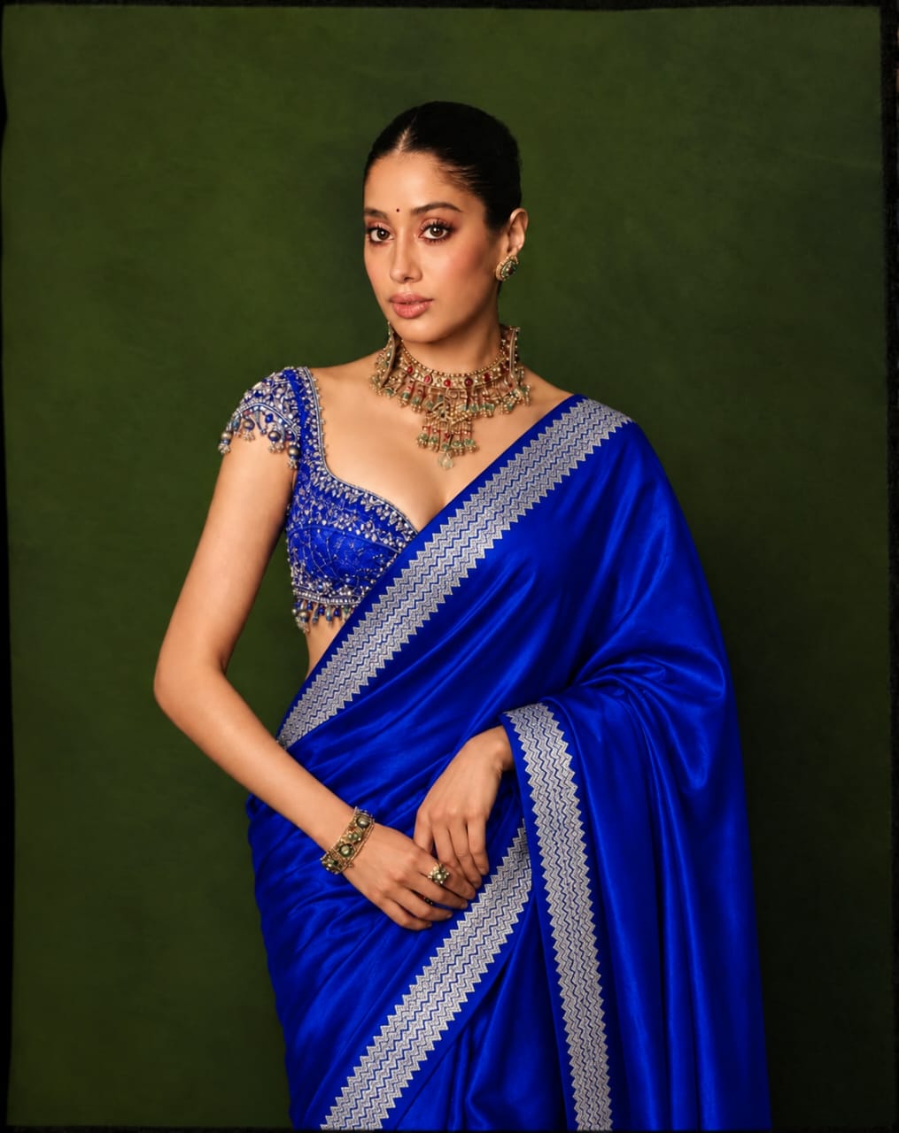 Celeb inspired saree with raw silk work blouse