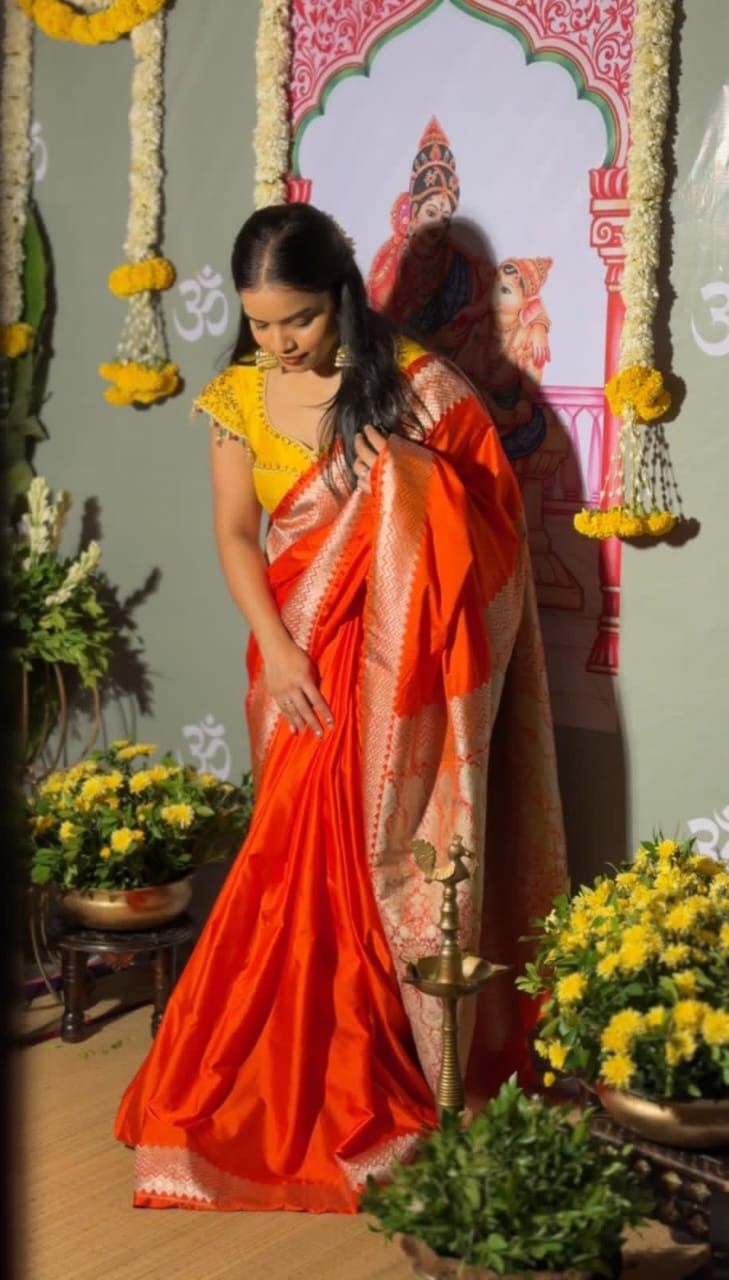 Celeb inspired saree with raw silk work blouse