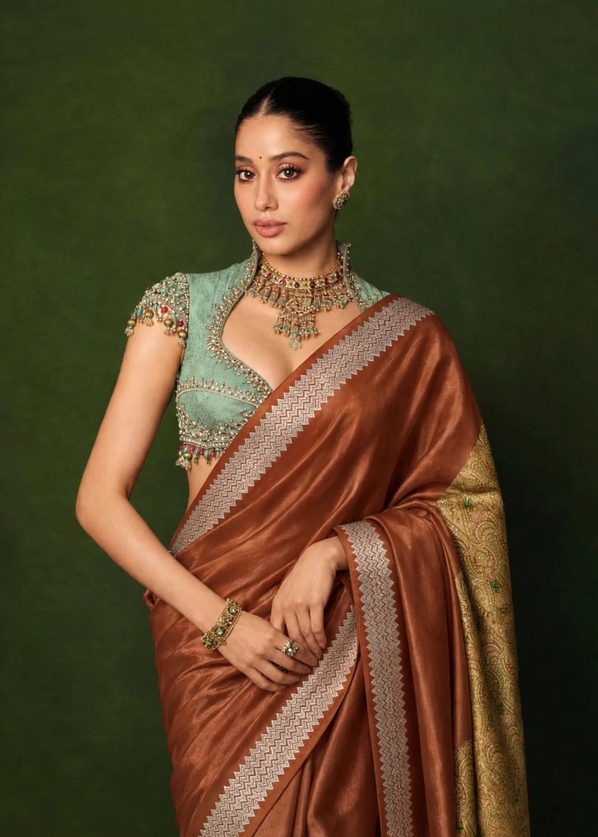 Celeb inspired saree with raw silk work blouse