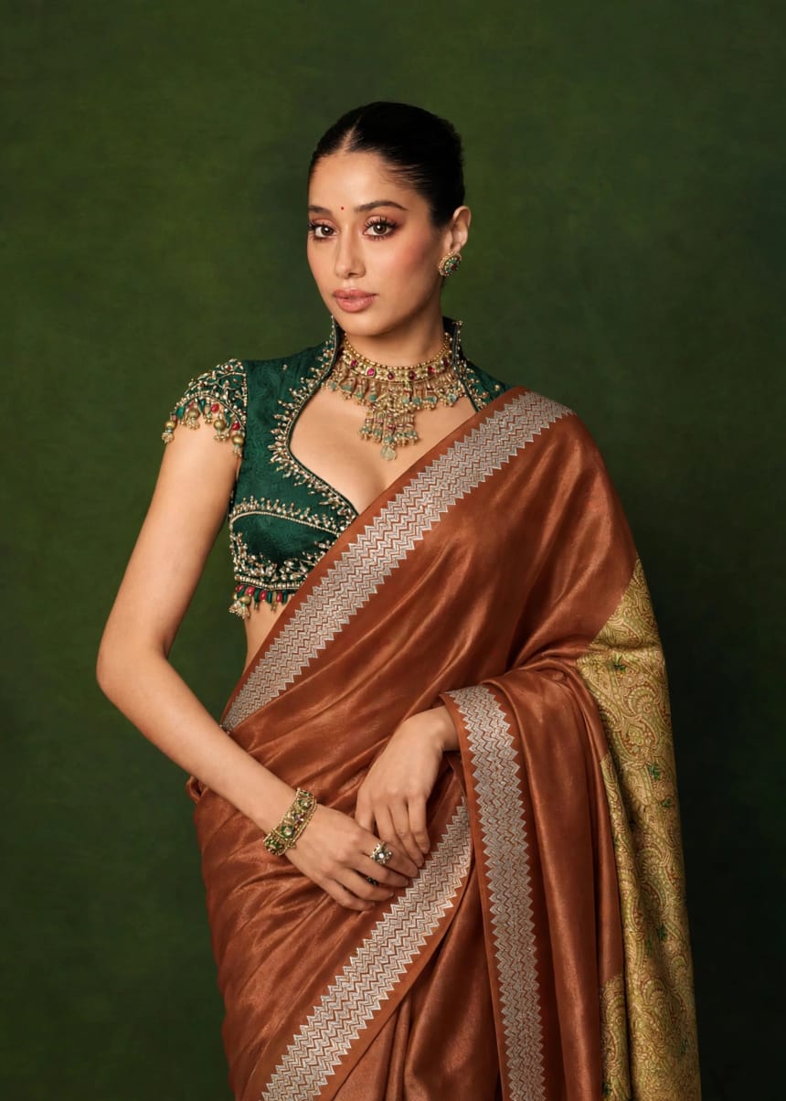 Celeb inspired saree with raw silk work blouse