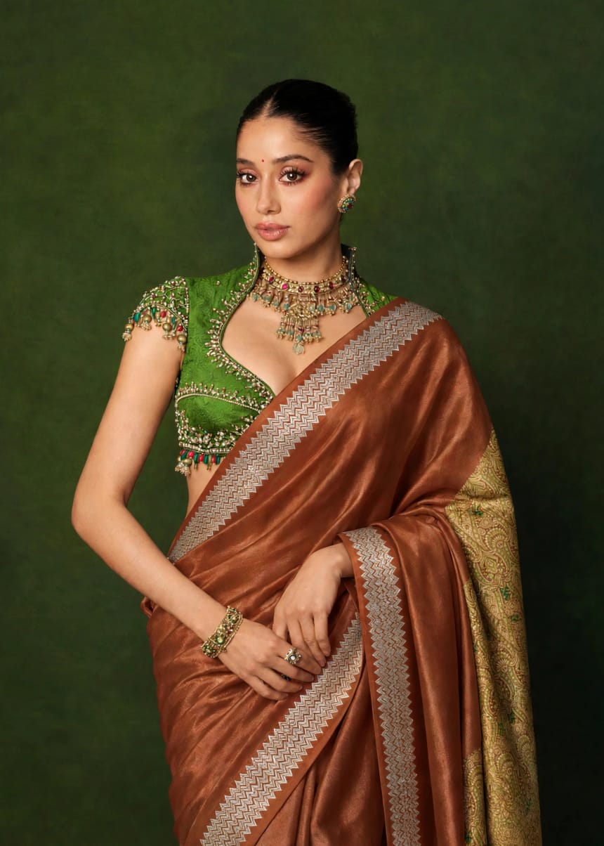 Celeb inspired saree with raw silk work blouse