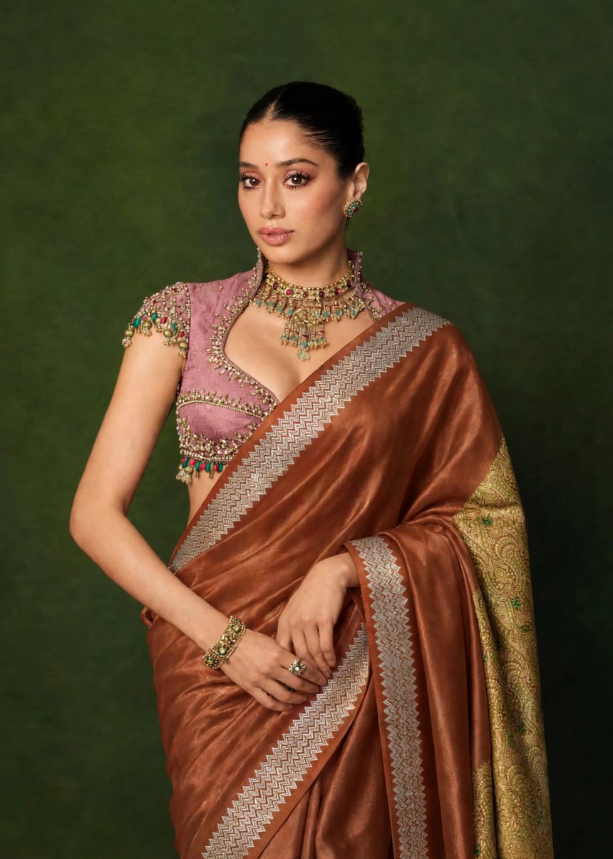 Celeb inspired saree with raw silk work blouse