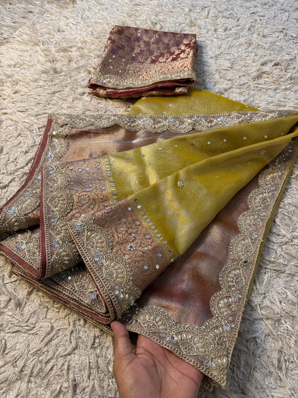 Glass Tissue Banarsi Handwork Saree